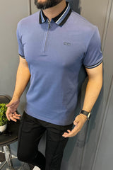 Turbo Contrast Tone Zip Collar Men's Polo Shirt In Blue