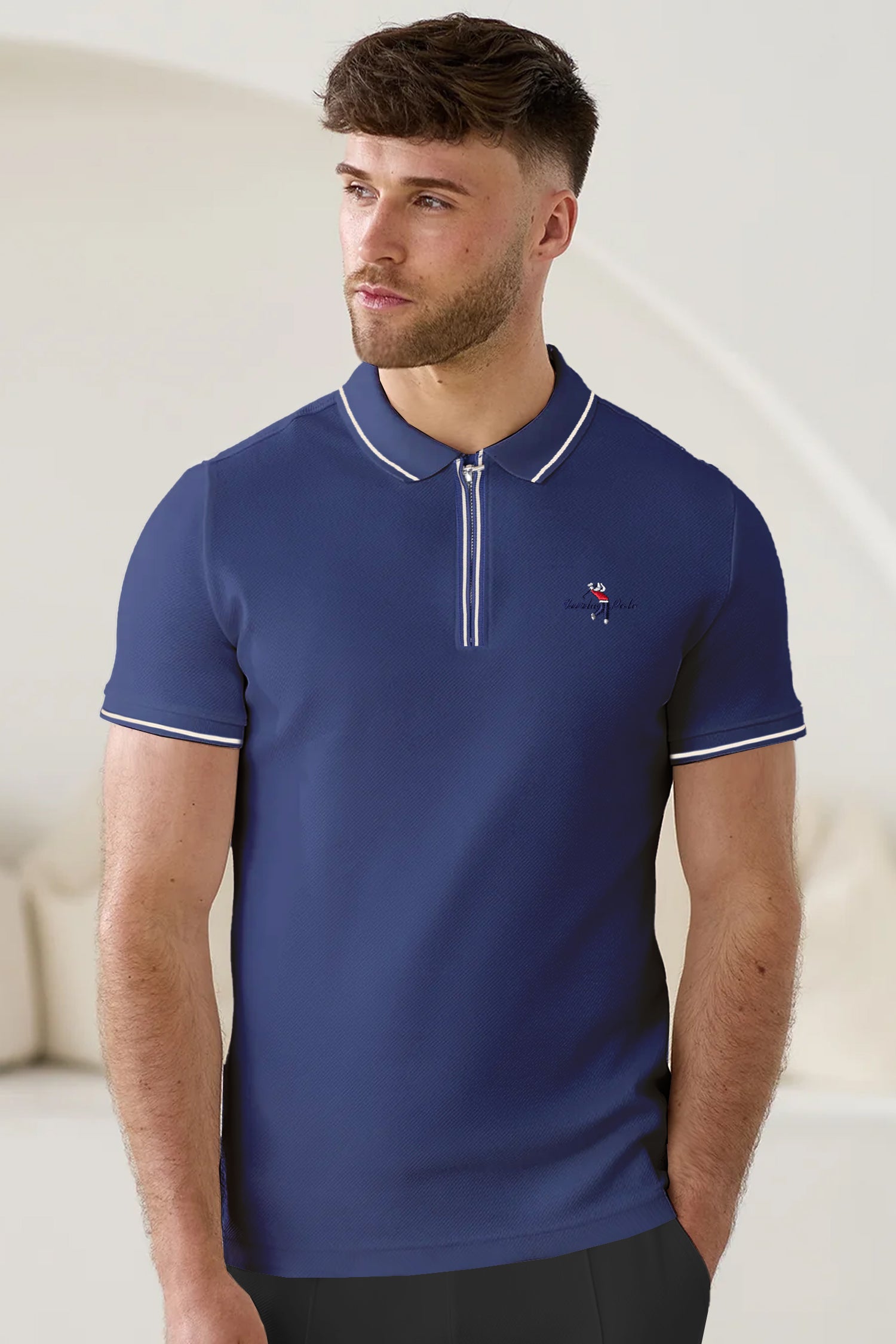 Turbo Polo Striped Travel Zip Collar Men's Polo Shirt