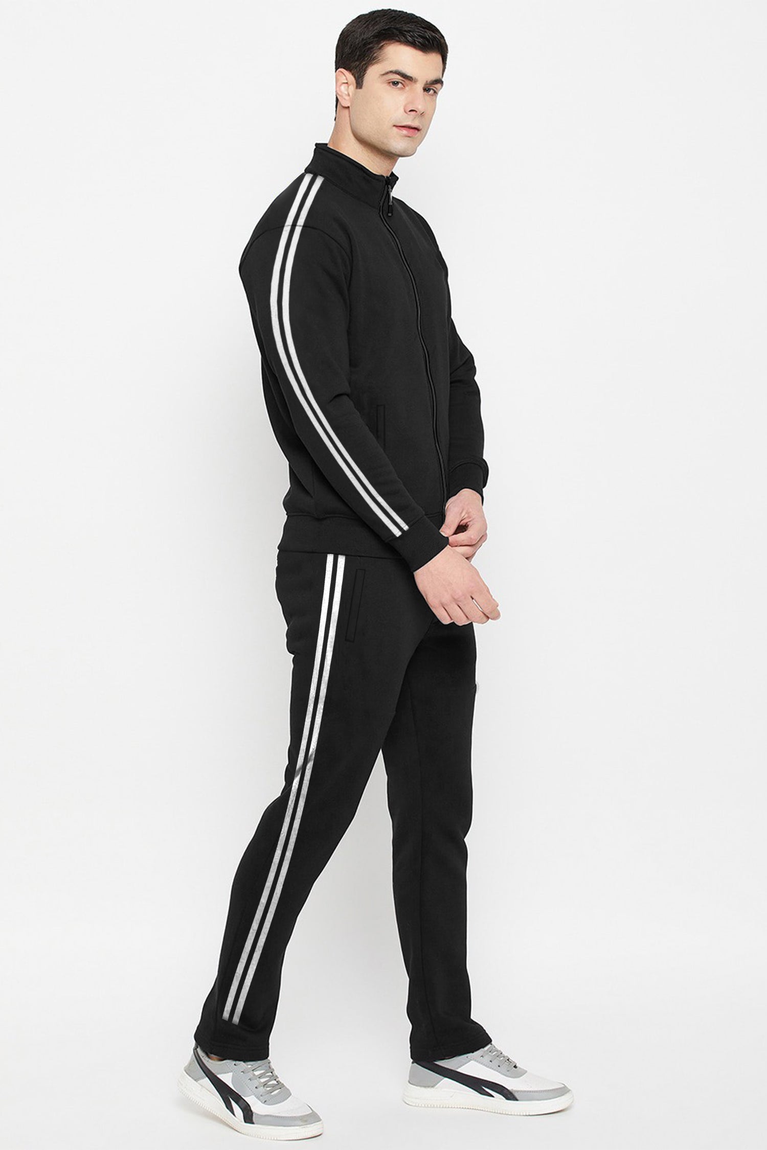 Turbo Strip Panel Men Zipper Tracksuit In Black