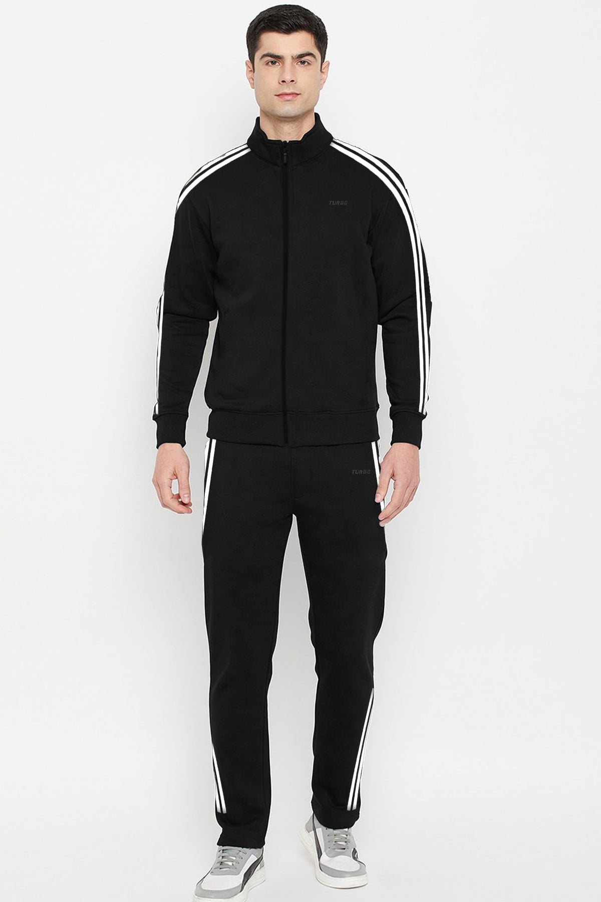 Turbo Strip Panel Men Zipper Tracksuit In Black