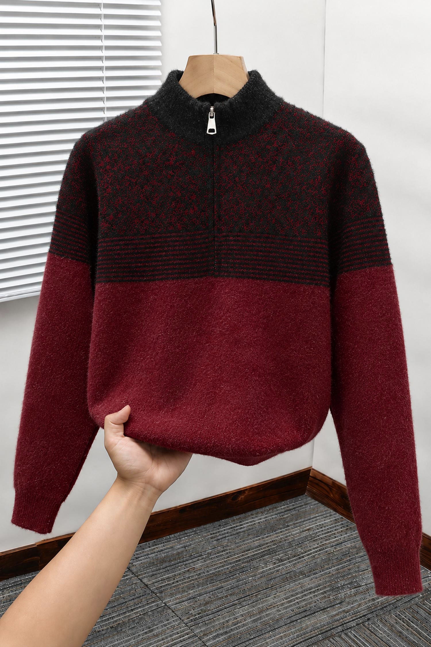 Organic Color-Block Quarter-Zip Imported Rabbit Wool Men's Sweater In Black & Maroon