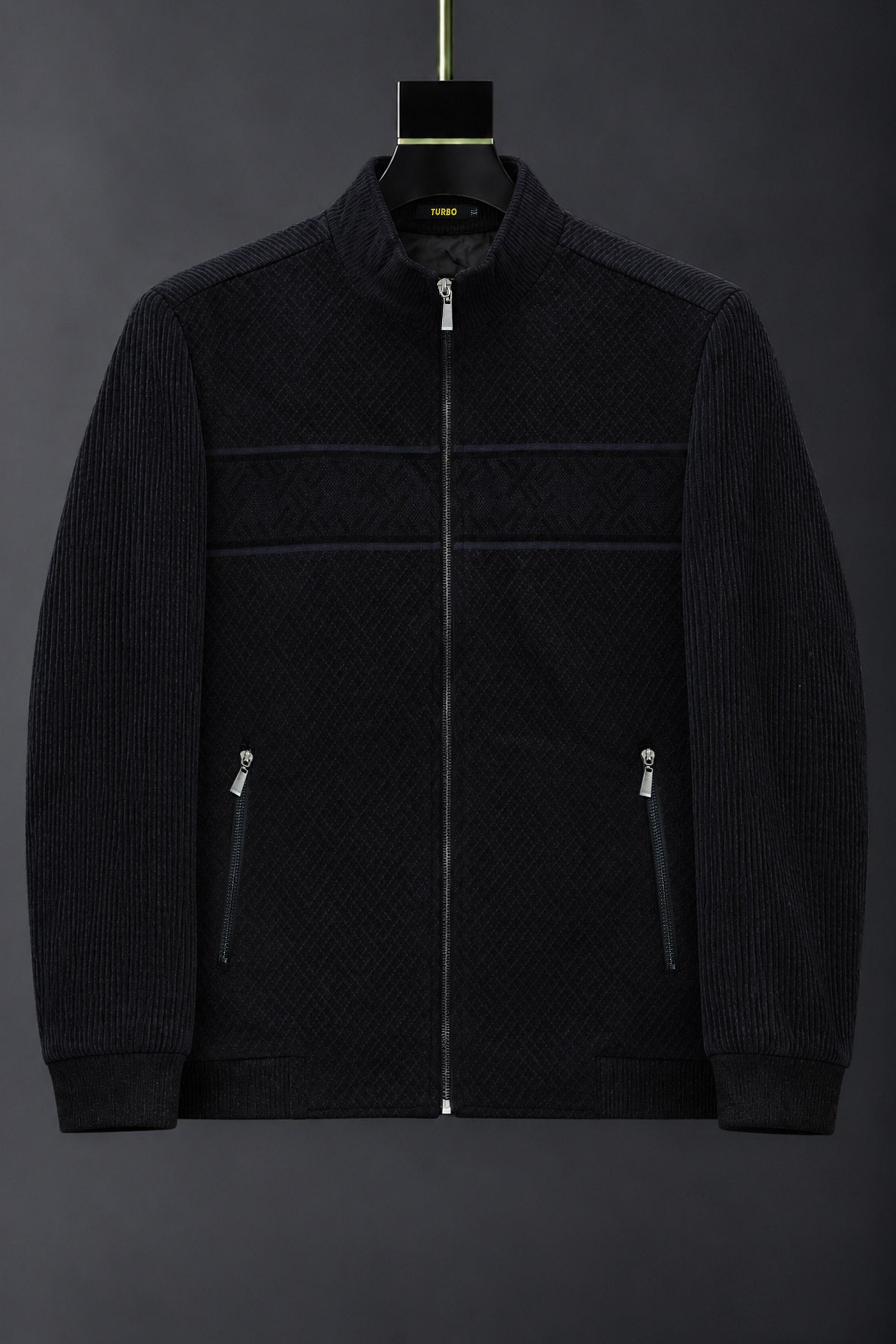 Geometric Block Patterned Imported Men's Wool Jacket In Black & Blue