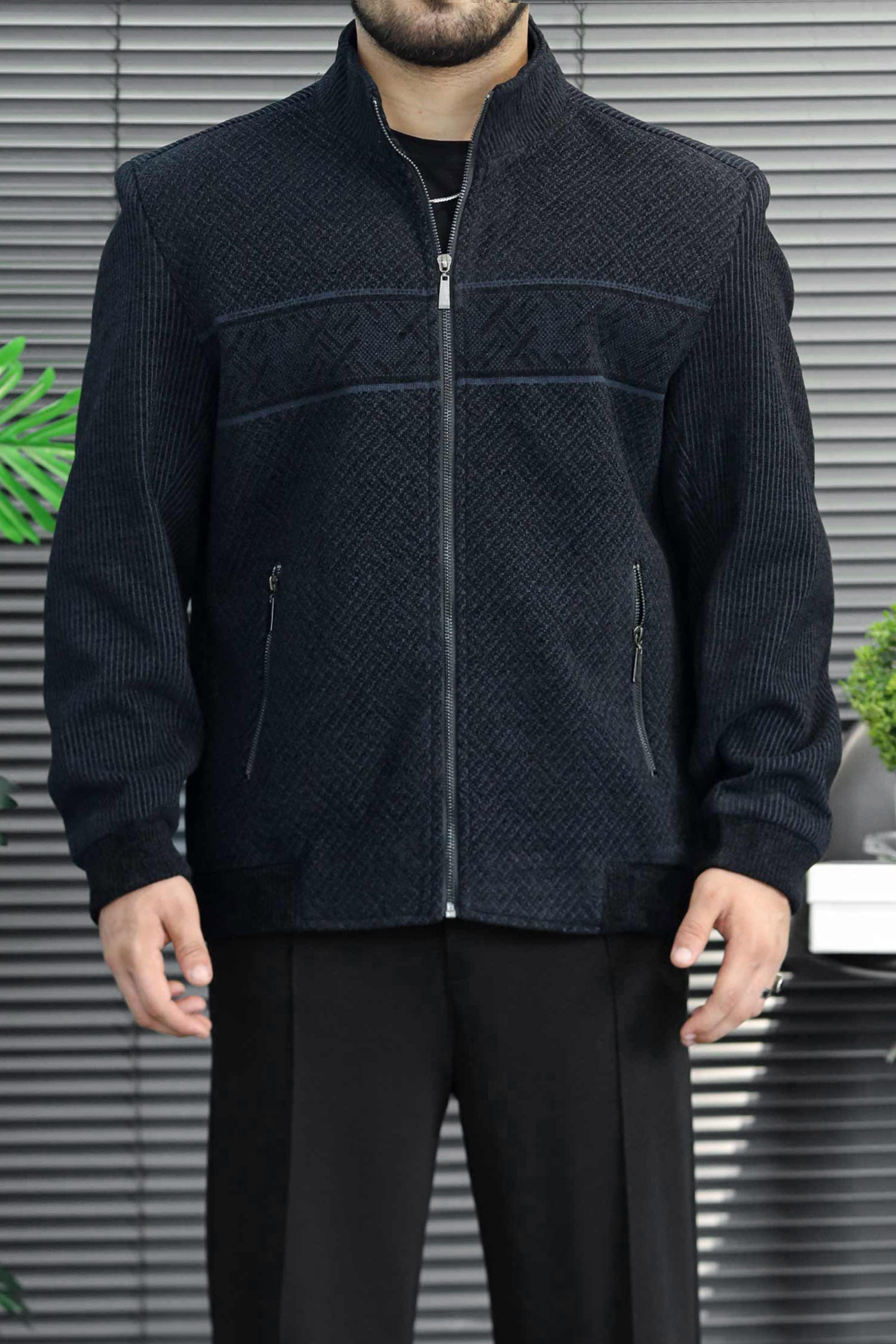 Geometric Block Patterned Imported Men's Wool Jacket In Black & Blue