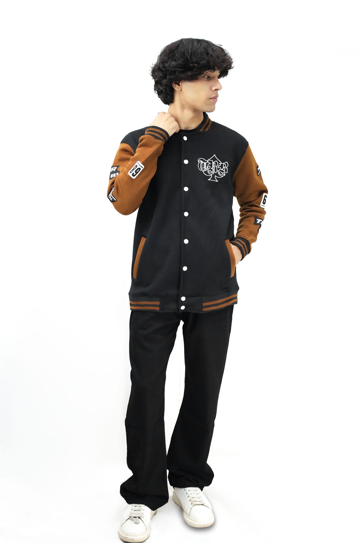 Turbo Contrast Tone Men's Varsity Jacket In Black&Camel