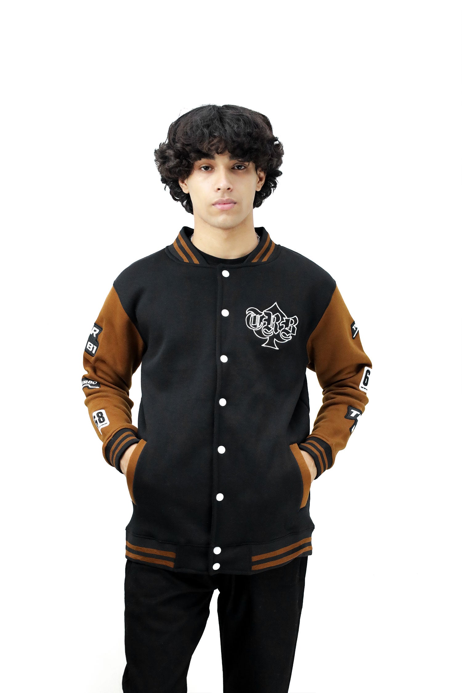 Turbo Contrast Tone Men's Varsity Jacket In Black&Camel