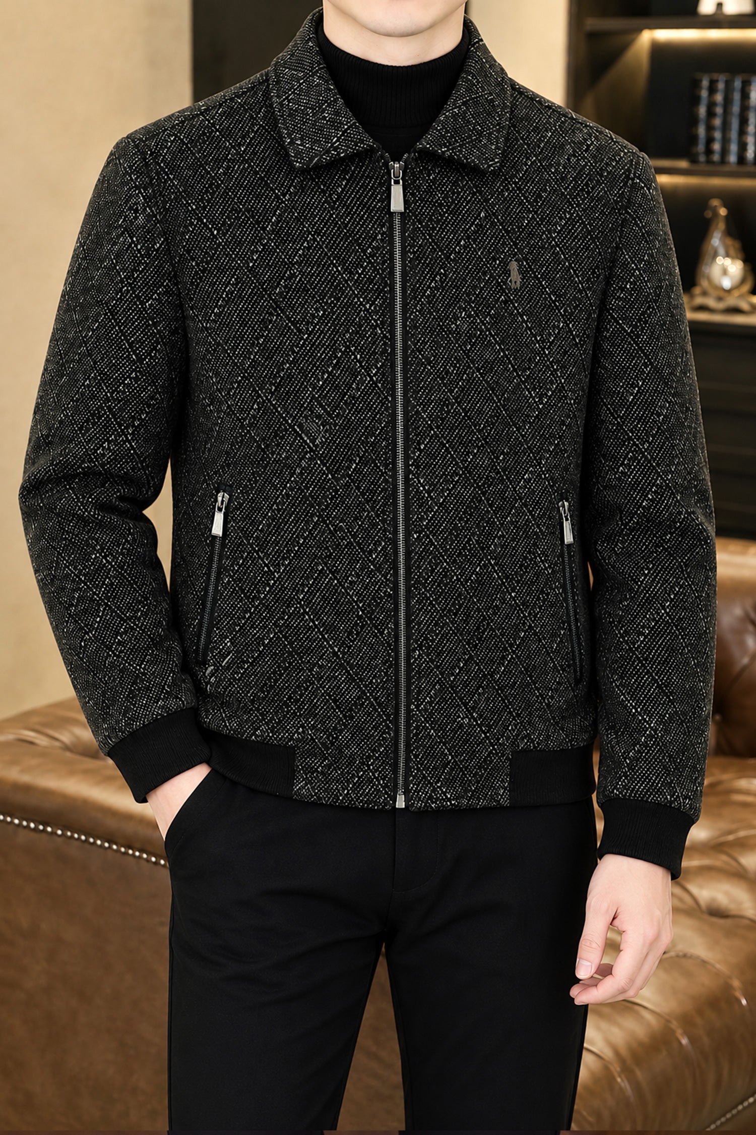 Turbo x Polo Diamond Patterned Imported Men's Wool Jacket In Black & Coffee