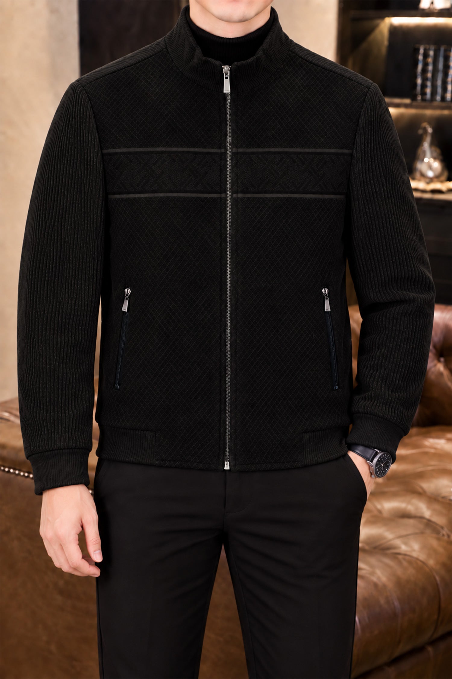 Geometric Block Patterned Imported Men's Wool Jacket In Black & Coffee