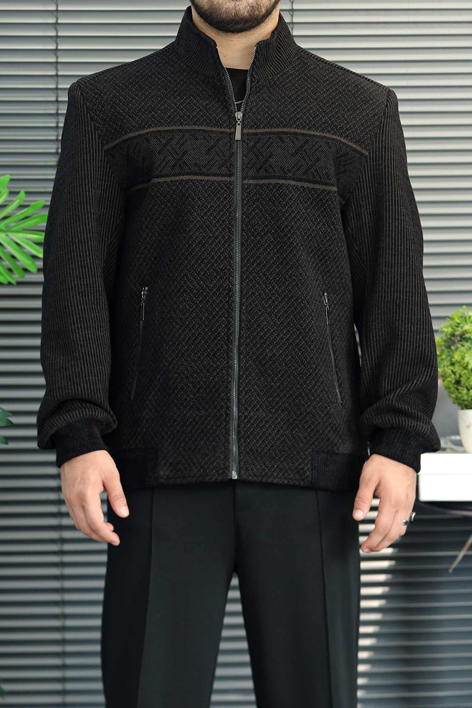 Geometric Block Patterned Imported Men's Wool Jacket In Black & Coffee