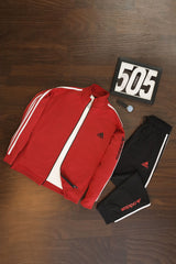 Adds 3 Stripes Signature Mock Neck Zipper Tracksuit In Black&Red