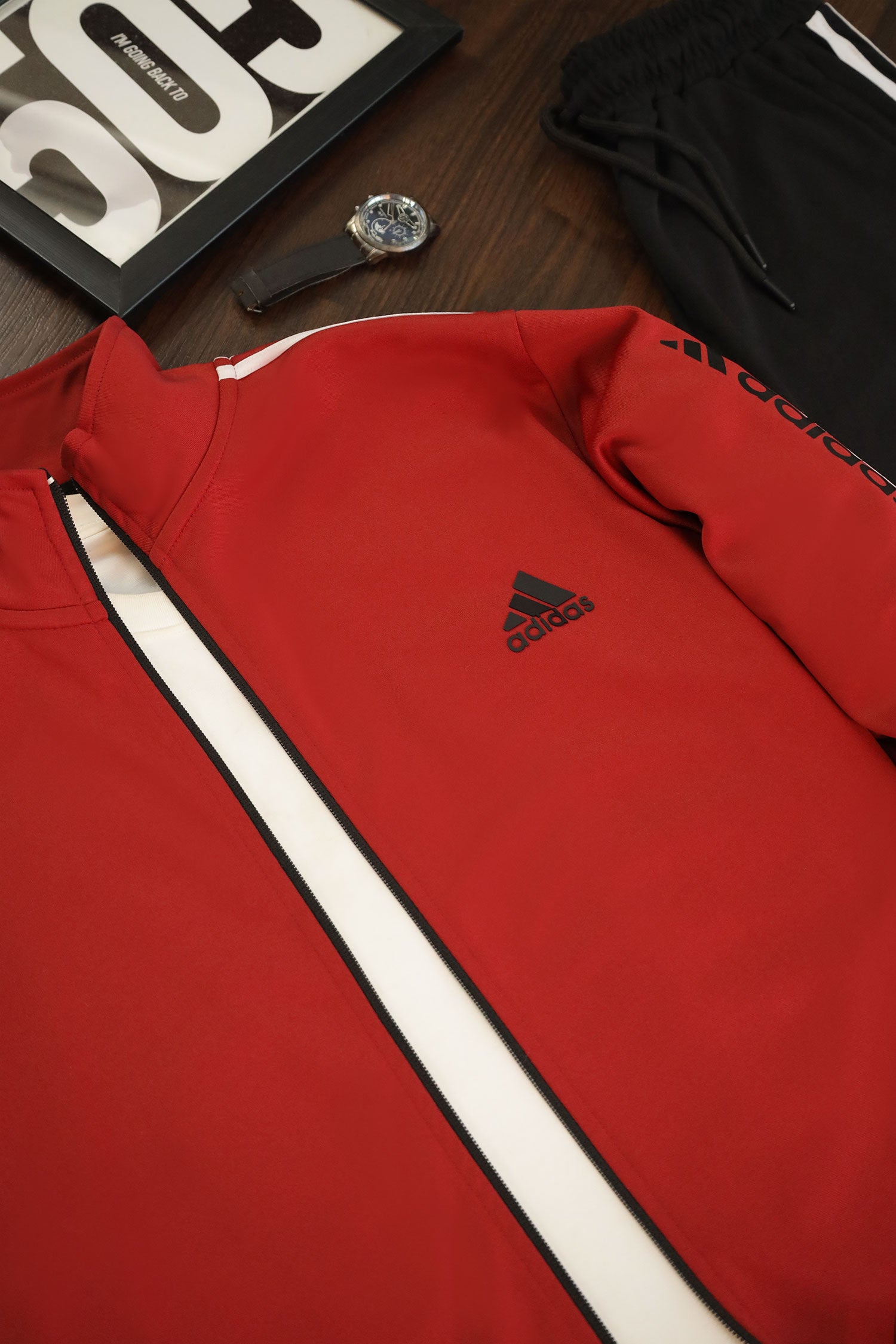 Adds 3 Stripes Signature Mock Neck Zipper Tracksuit In Black&Red