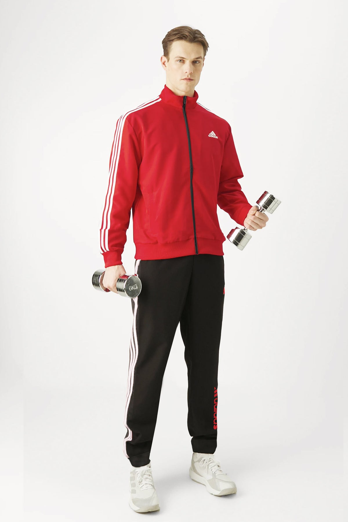 Adds 3 Stripes Signature Mock Neck Zipper Tracksuit In Black&Red
