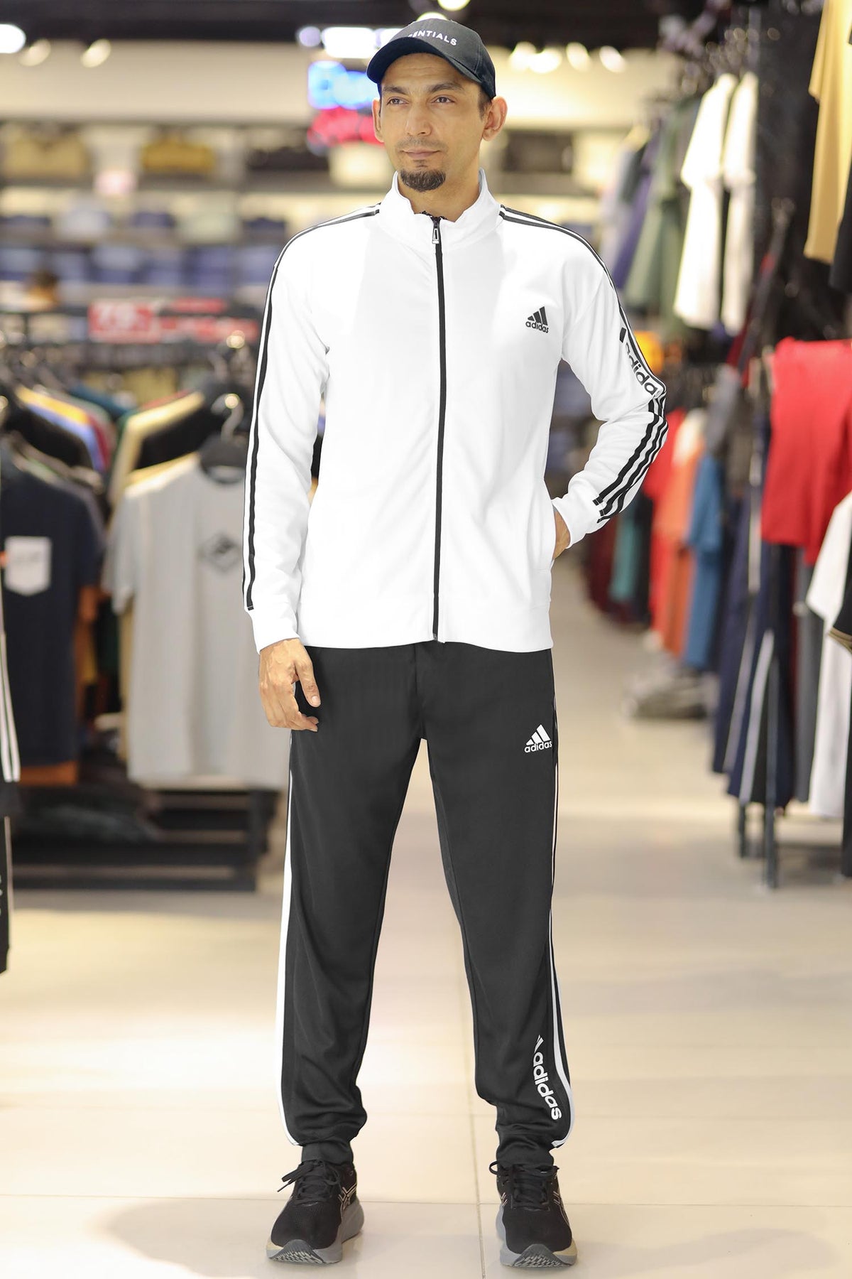 Adds 3 Stripes Signature Mock Neck Zipper Tracksuit In Black&White
