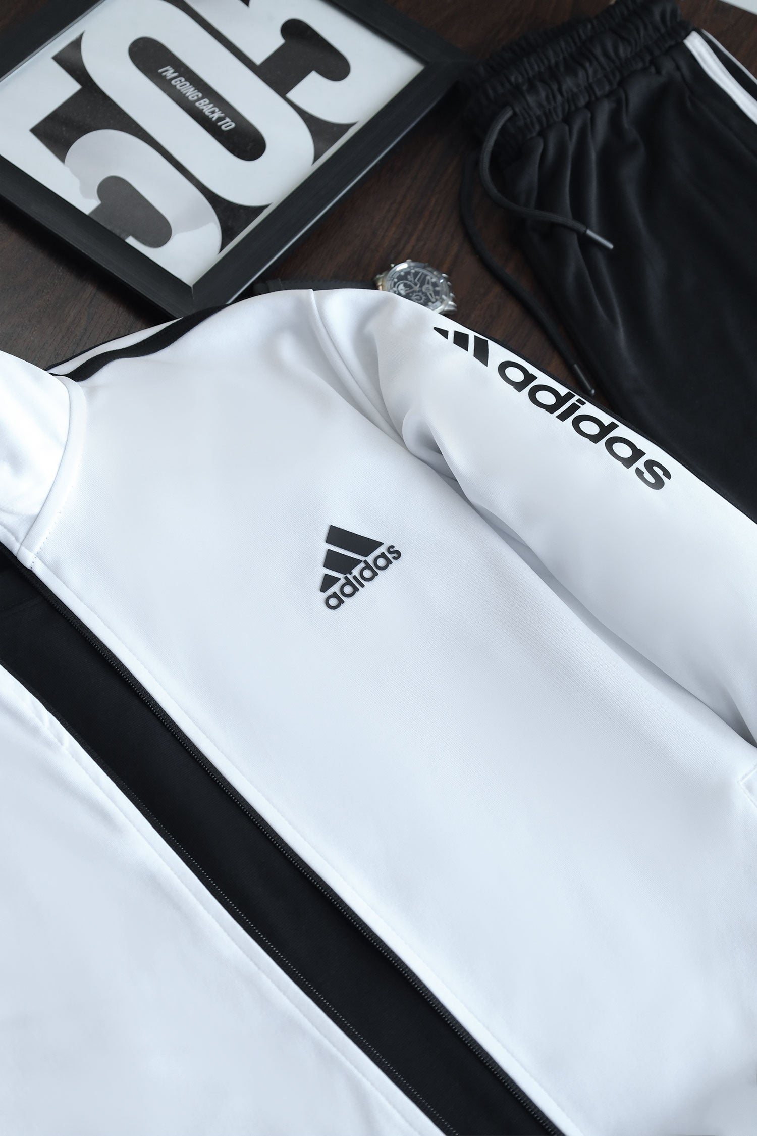 Adds 3 Stripes Signature Mock Neck Zipper Tracksuit In Black&White