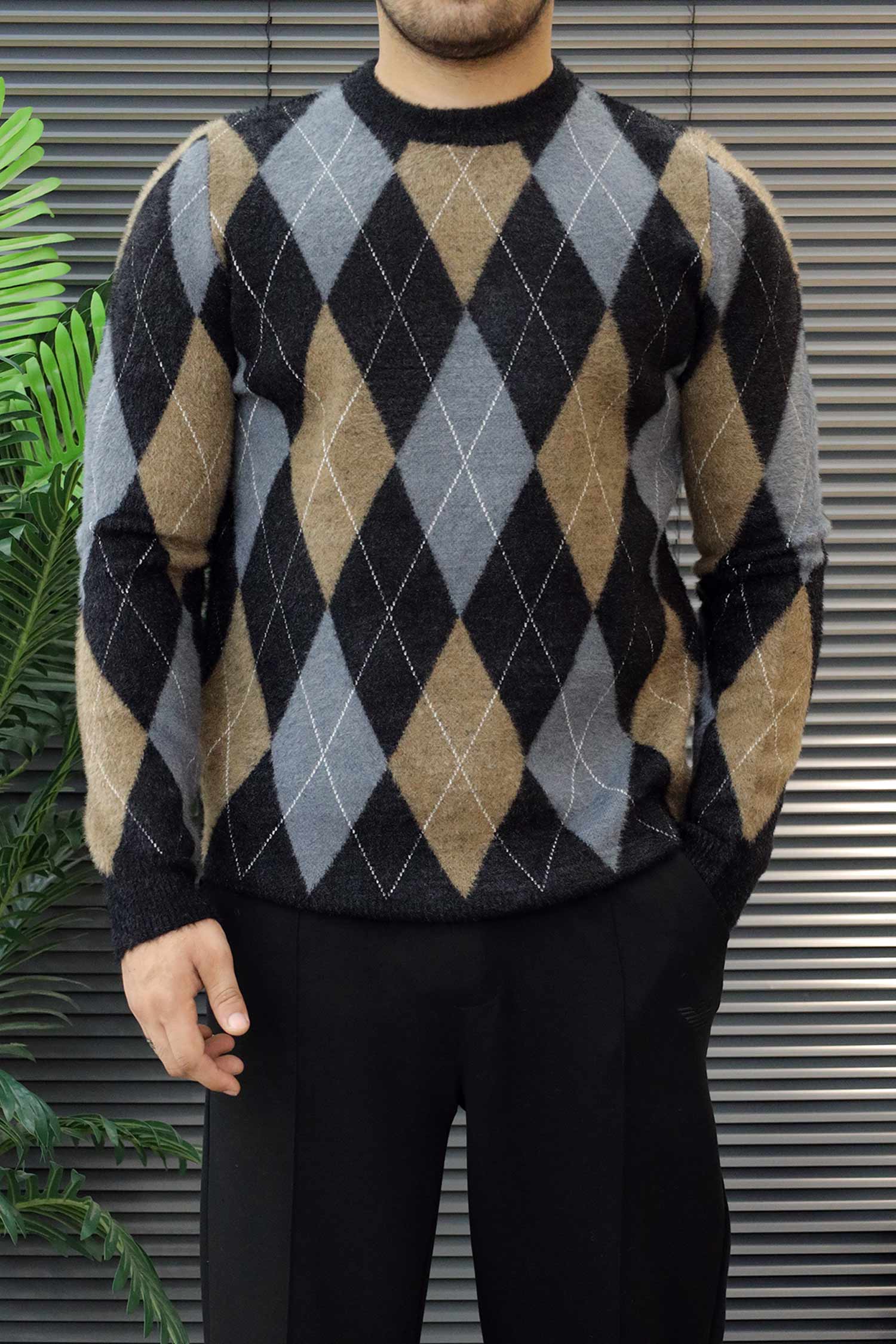 Vintage Argyle Pullover Imported Round Neck Rabbit Wool Men's Sweater In Black&Grey