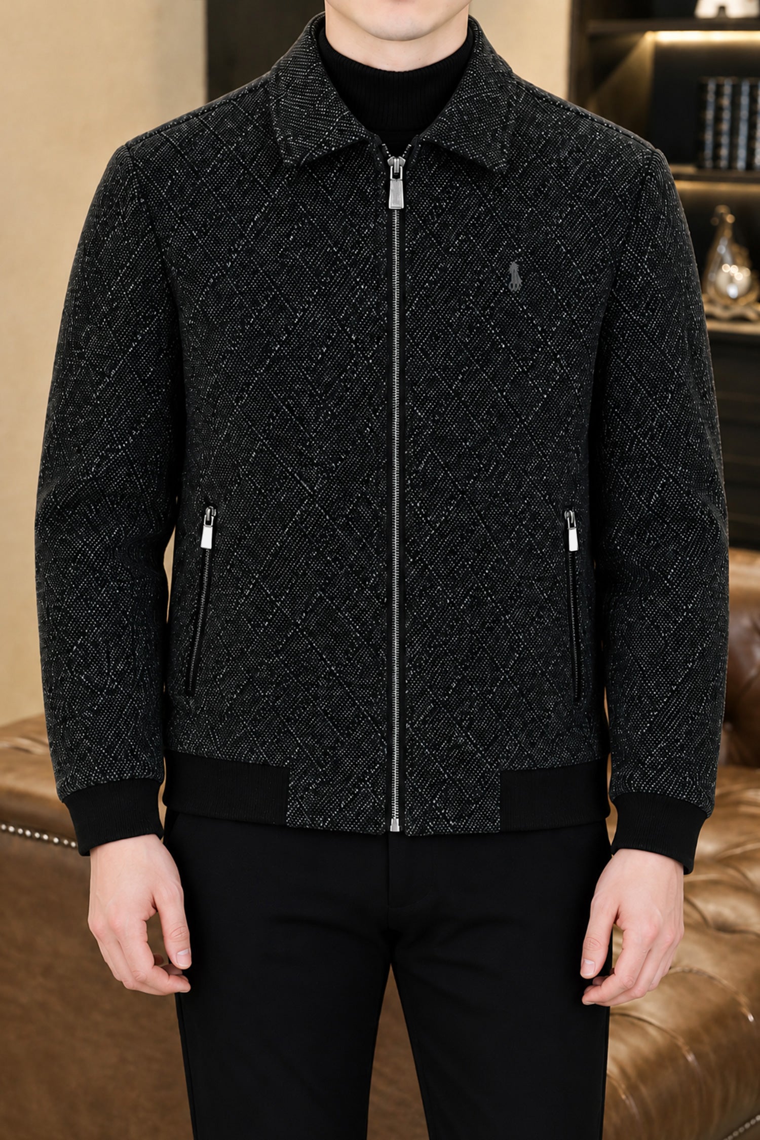 Turbo x Polo Diamond Patterned Imported Men's Wool Jacket In Black&Grey