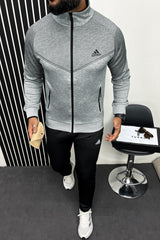 Adds Contrast Tone Sportswear Men Zipper Tracksuit In Black&Grey