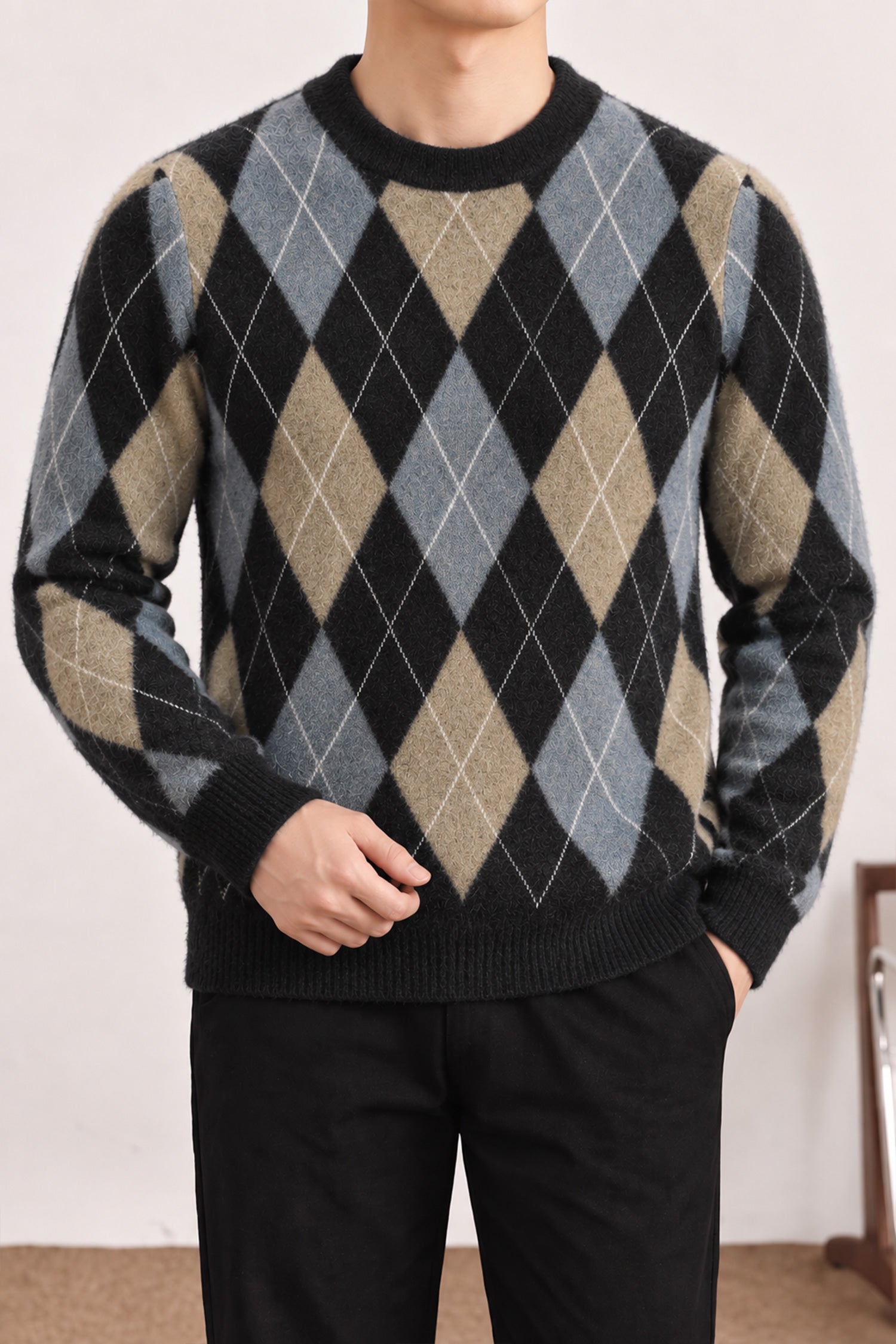 Vintage Argyle Pullover Imported Round Neck Rabbit Wool Men's Sweater In Black&Grey