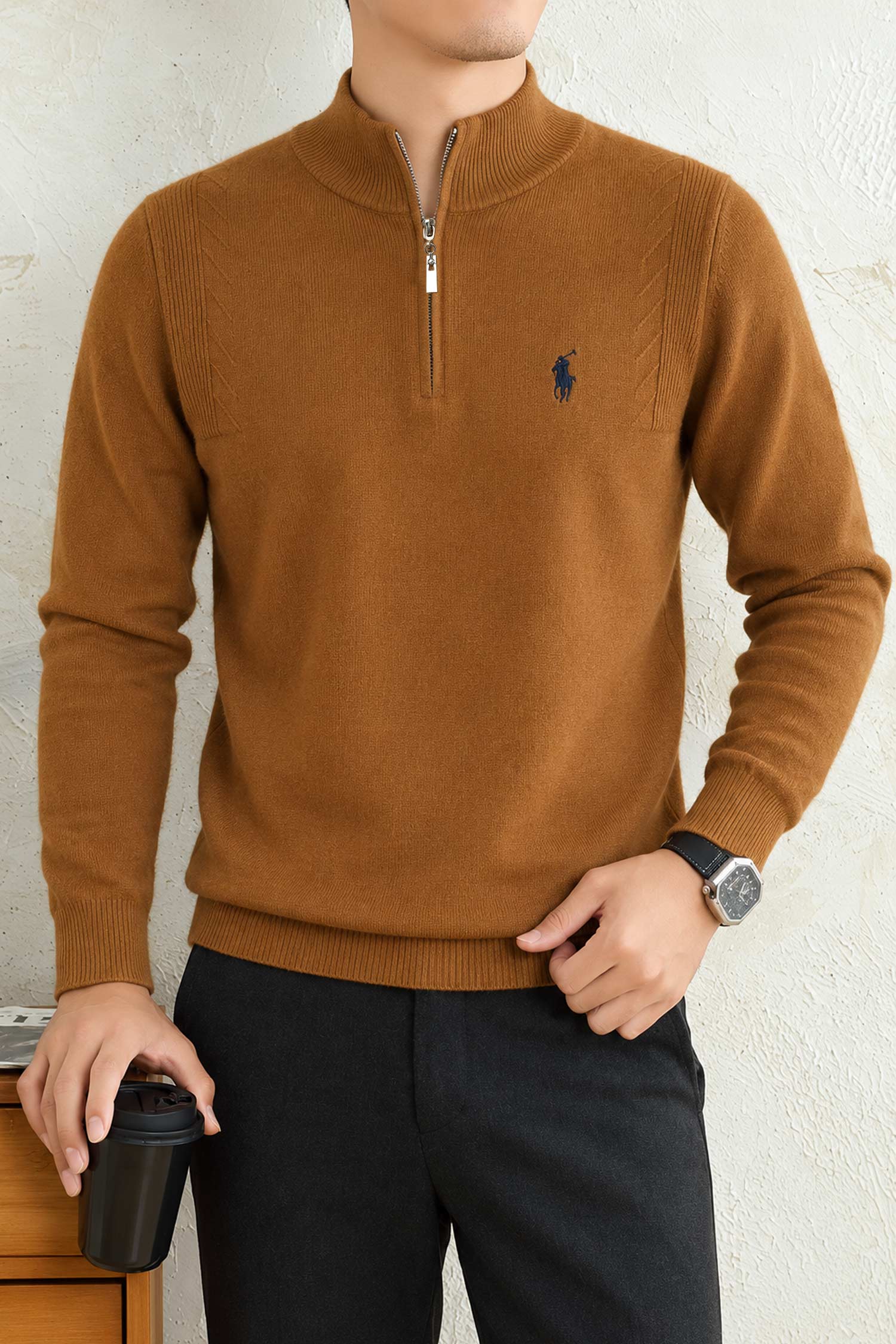 Polo Mock Neck Pullover Half-Knit Zip Imported Men's Jumper Sweater In Brown