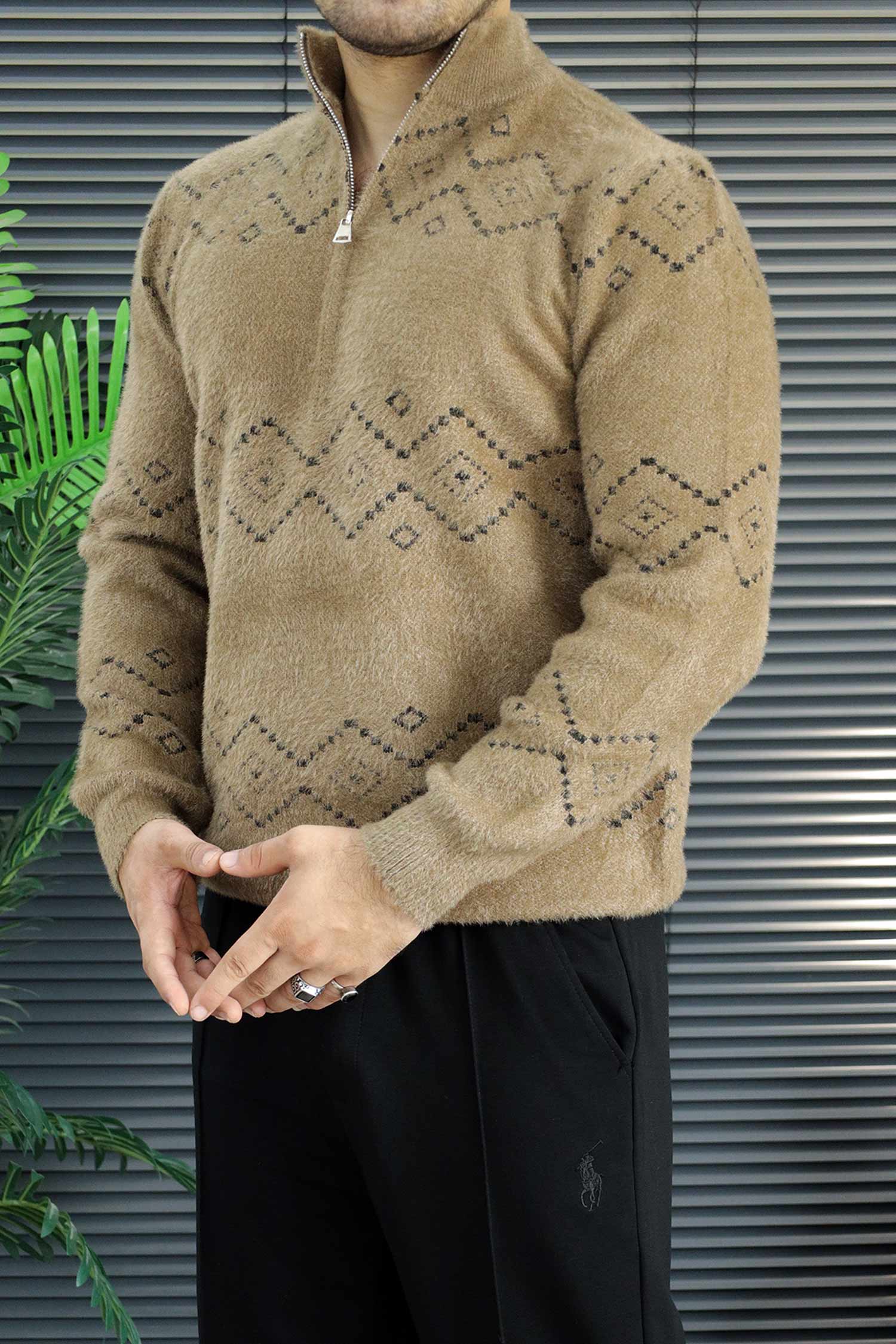 Men's Geometric Pattern Half-Zip Knit Imported Rabbit Wool Men's Sweater In Brown