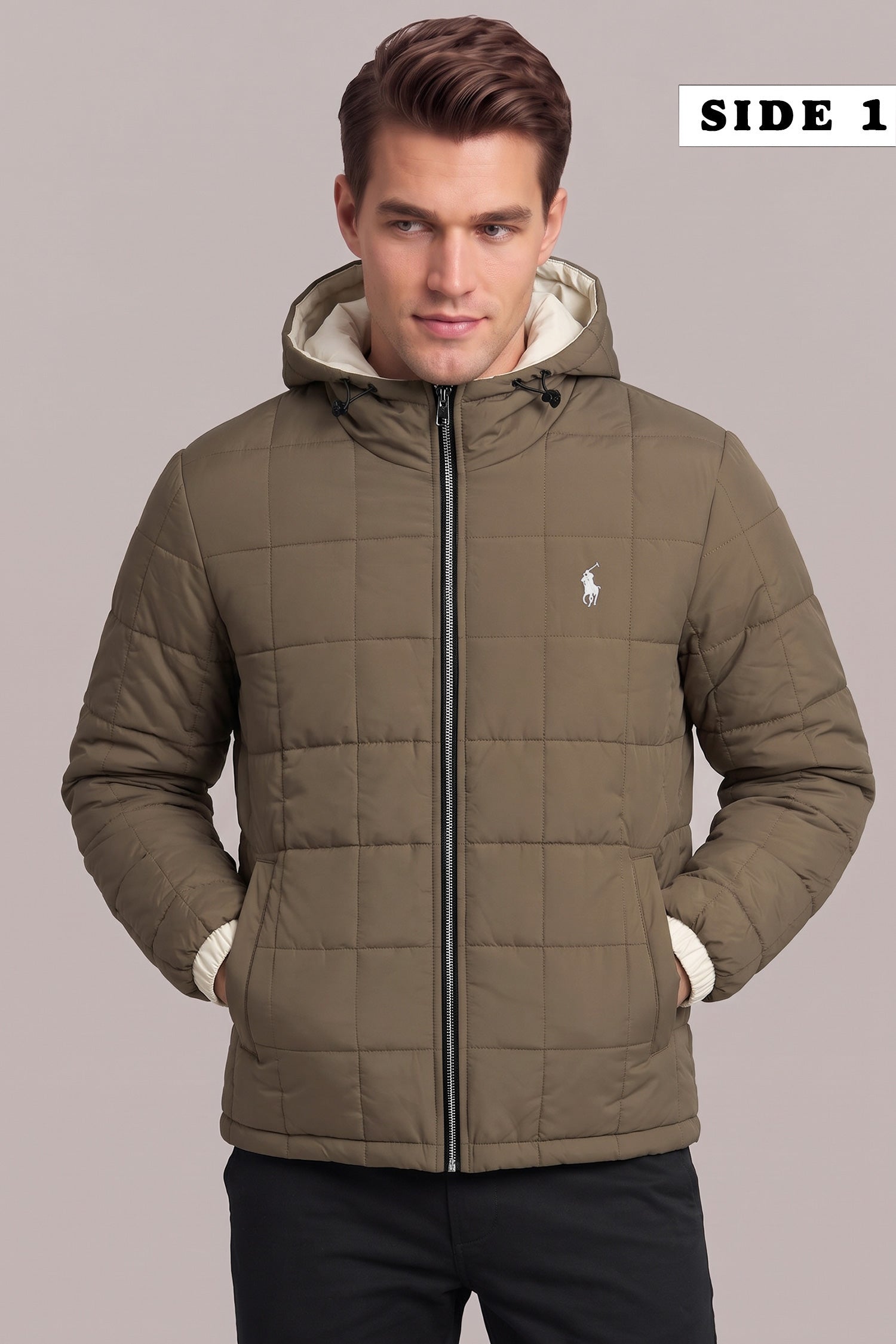 Polo Square-Pattern Dual Color Hooded Imported Puffer Jacket