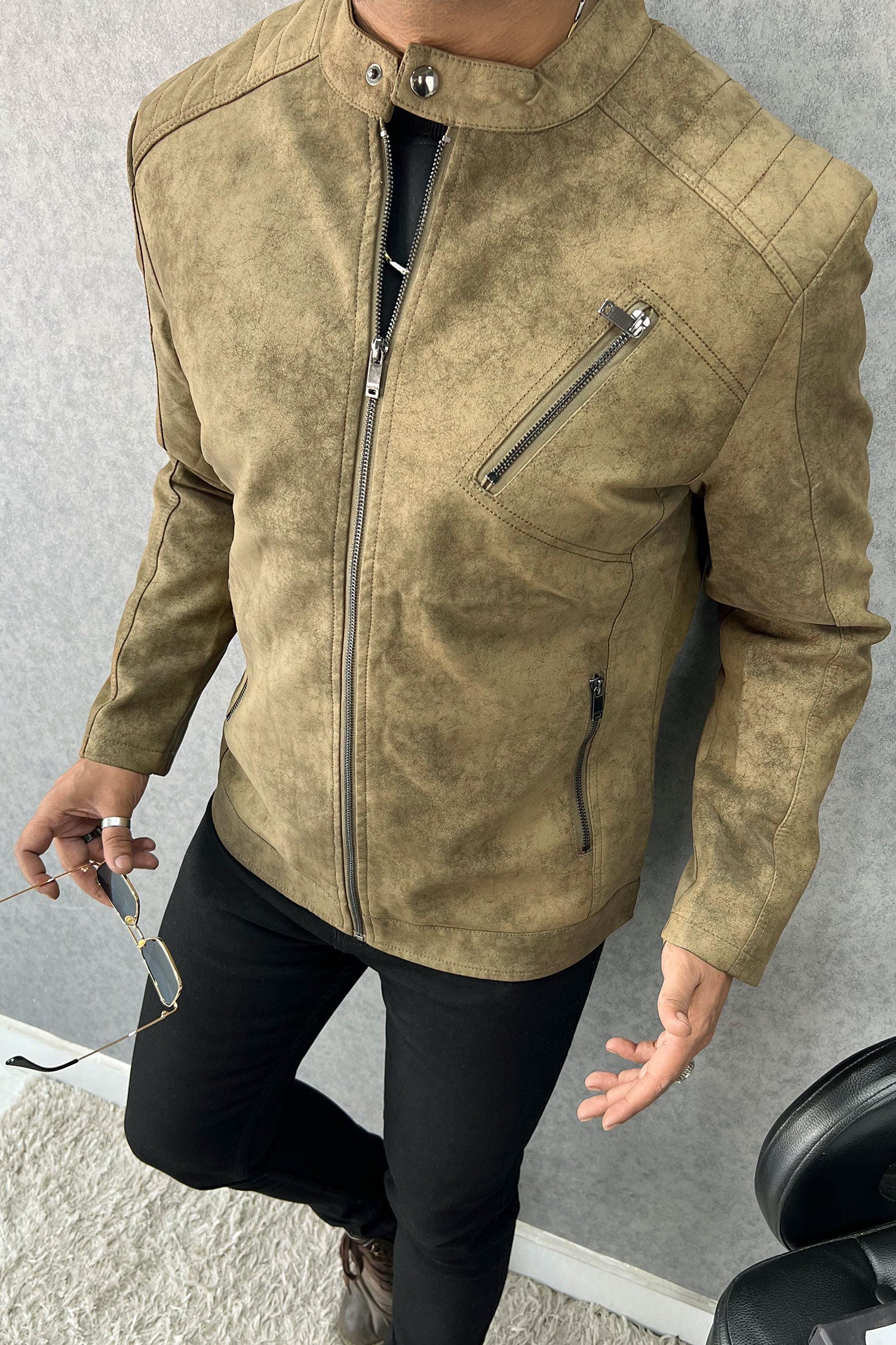 Trendy Self Shaded Men's Imported Suede Leather Jacket