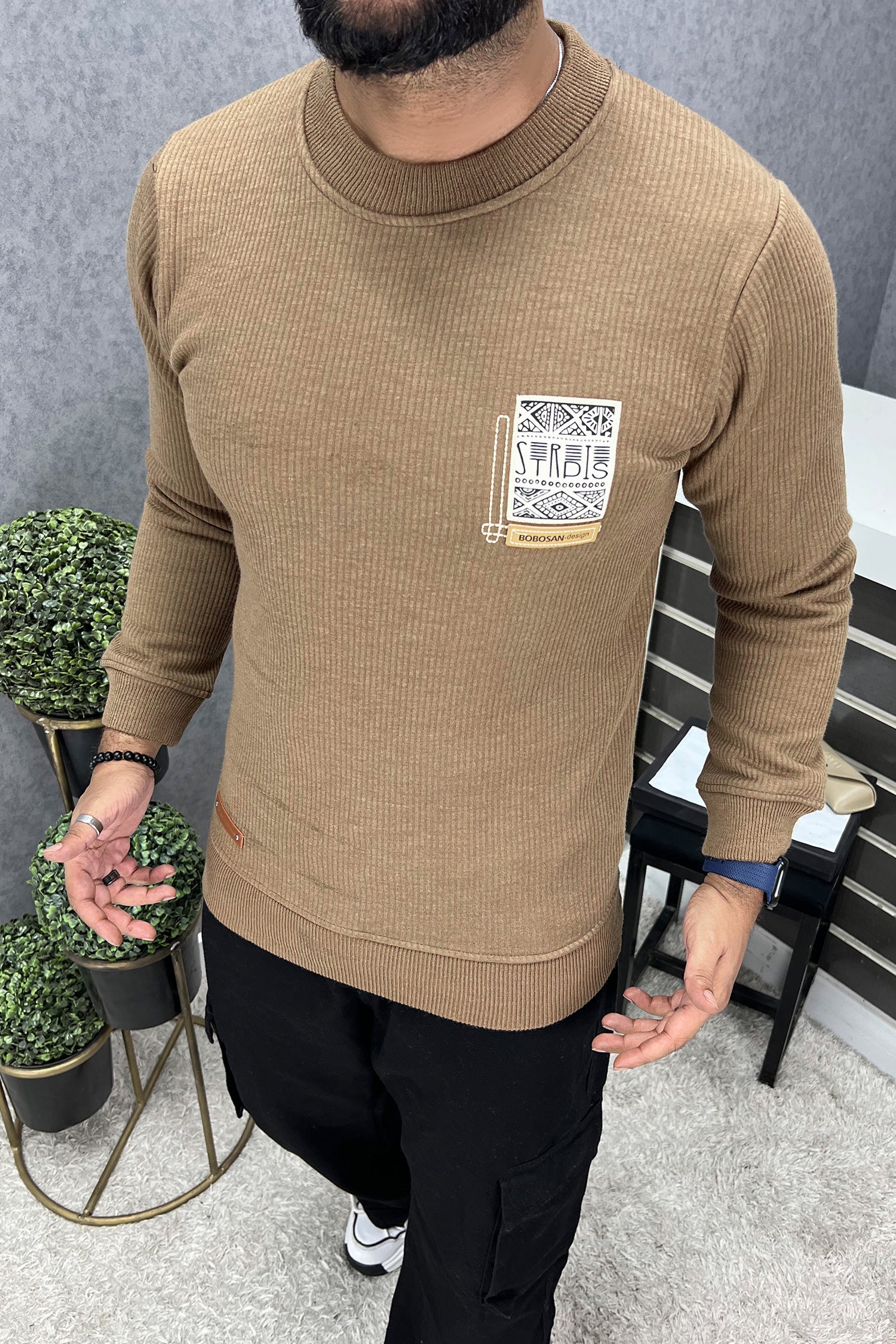 Lining Texture Round Neck Imported Men's Sweatshirt