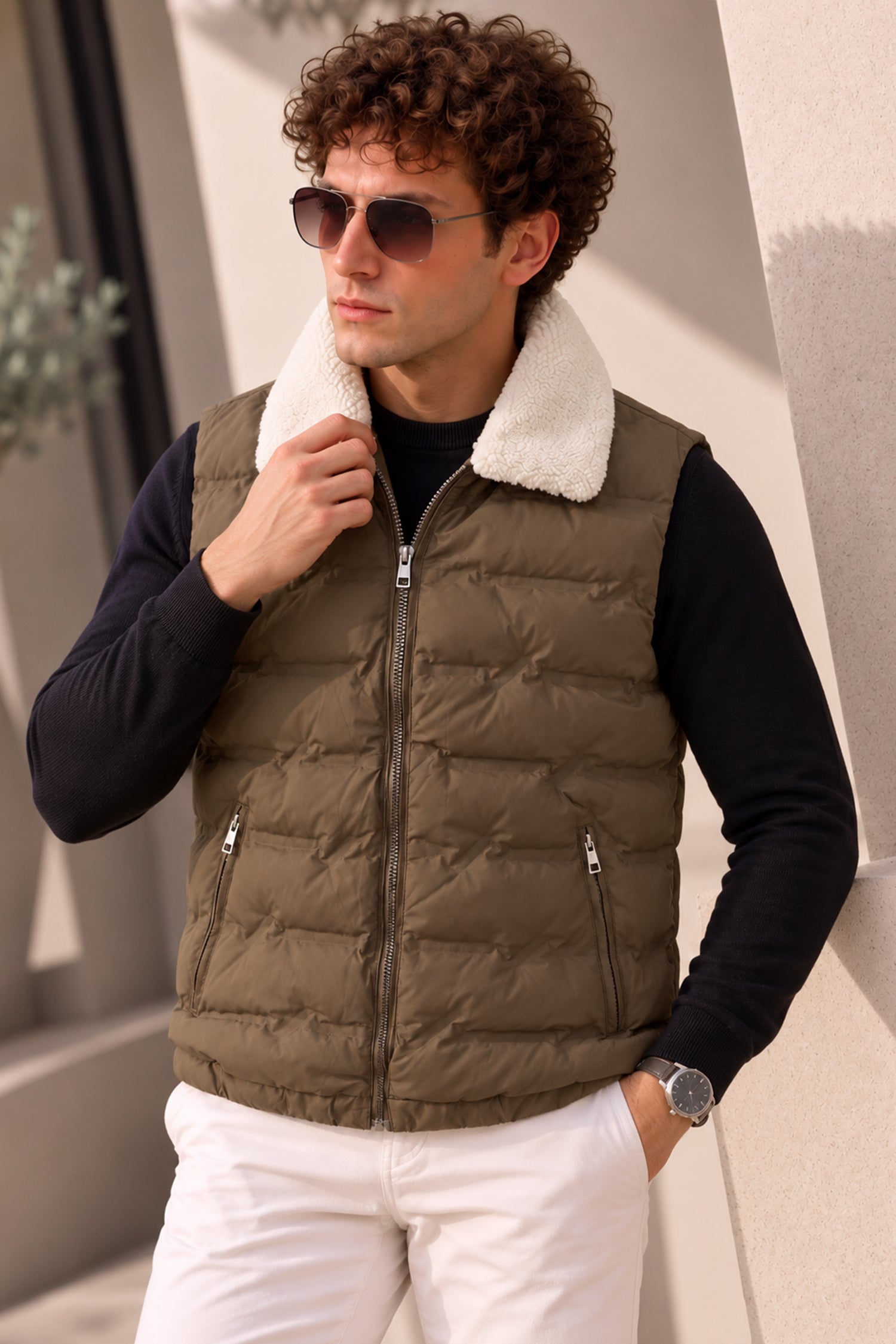 Sherpa Fur Collar Imported Parachute Men's Gilet In Brown