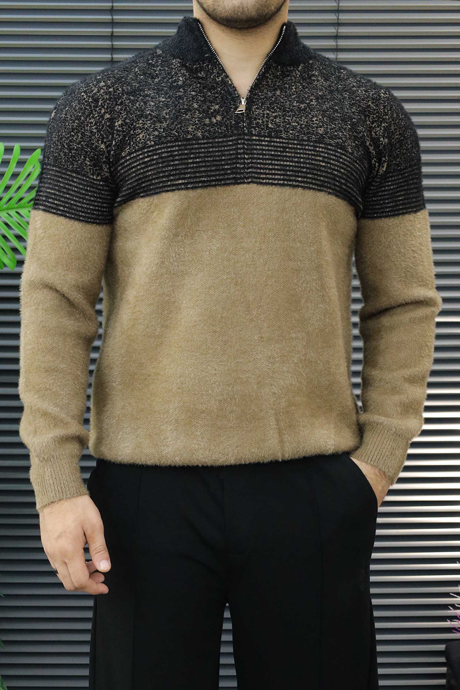 Organic Color-Block Quarter-Zip Imported Rabbit Wool Men's Sweater In Brown