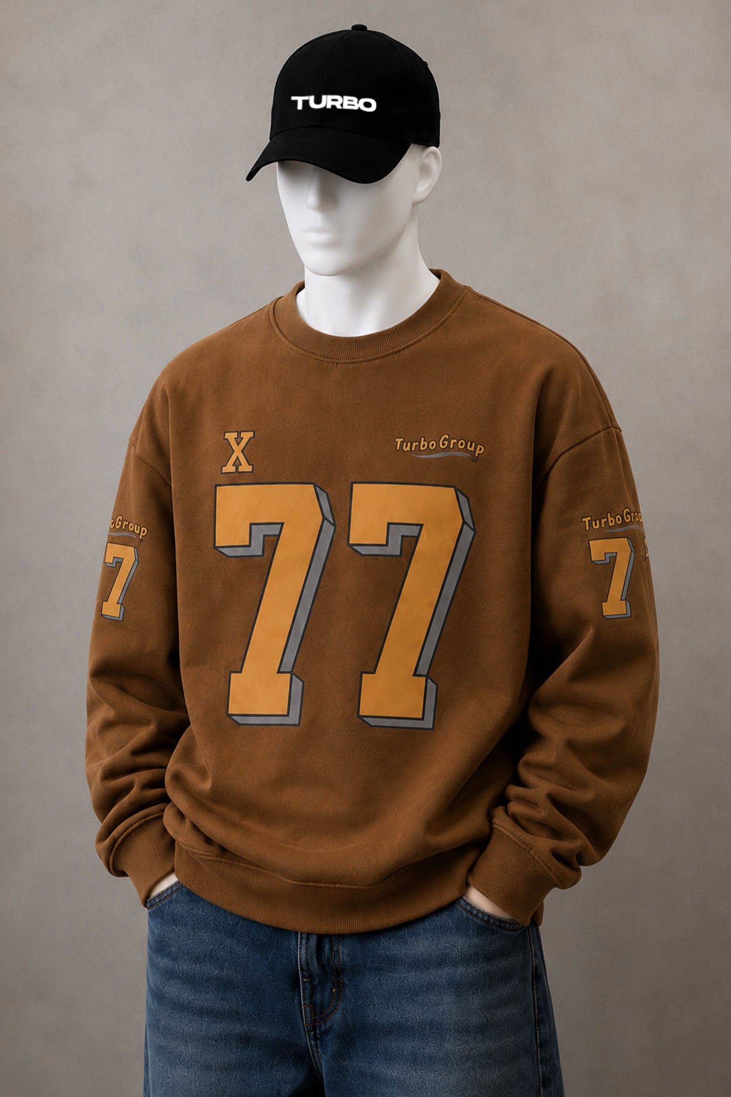 Turbo "77" Graphic Oversize Round Neck Men's Sweatshirt In Brown