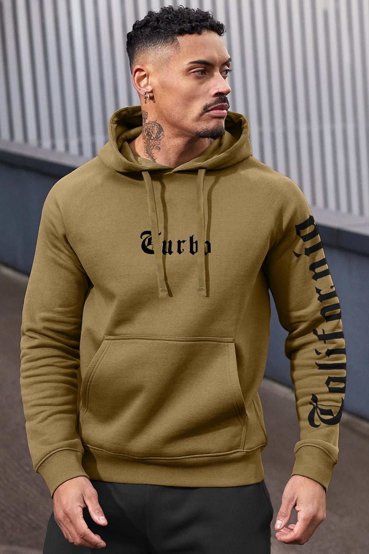 Turbo X Calfrnia Signature Typography Fleece Hoodie In Camel