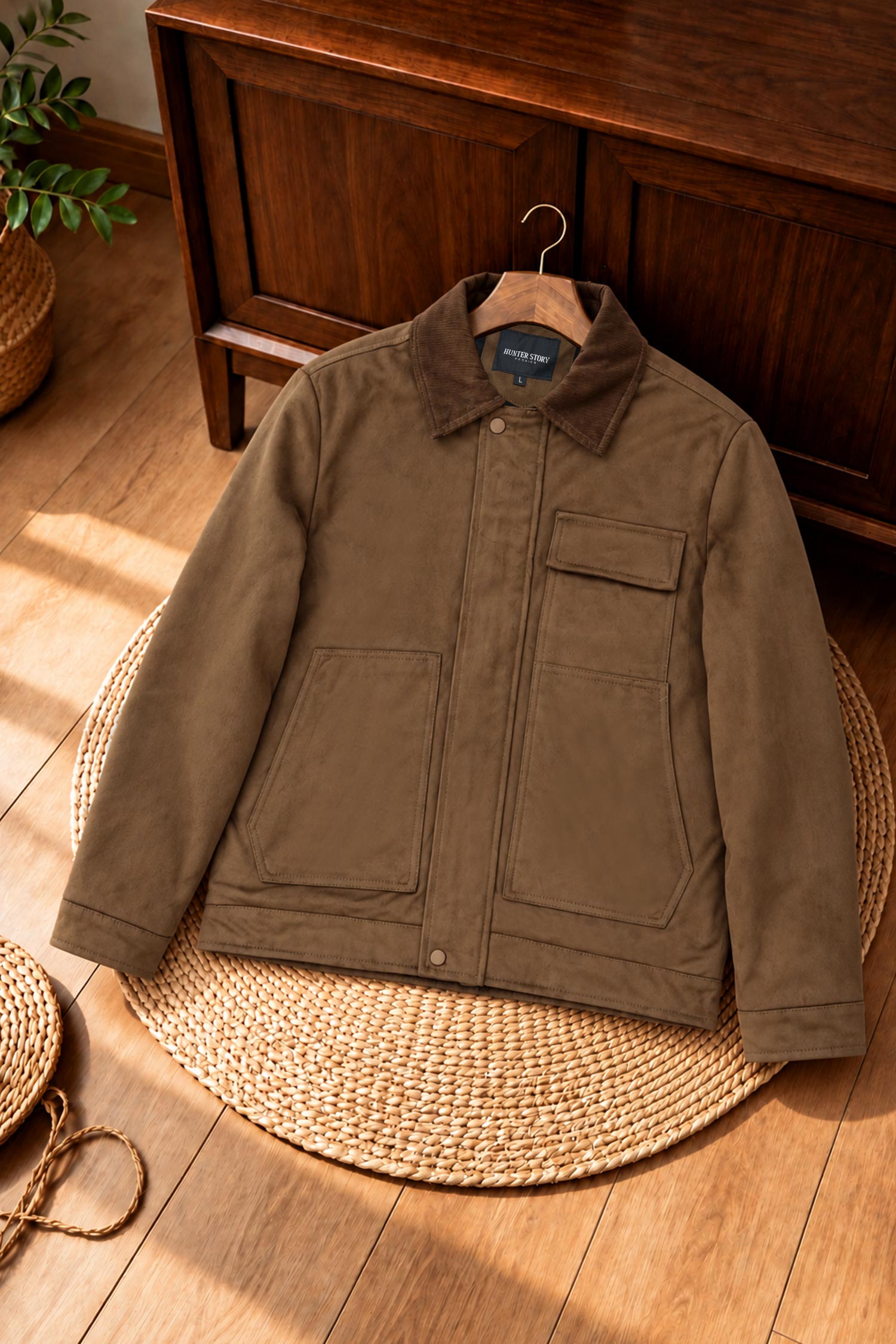Turbo Quilted Corduroy Collar Imported Men's Suede Jacket In Brown