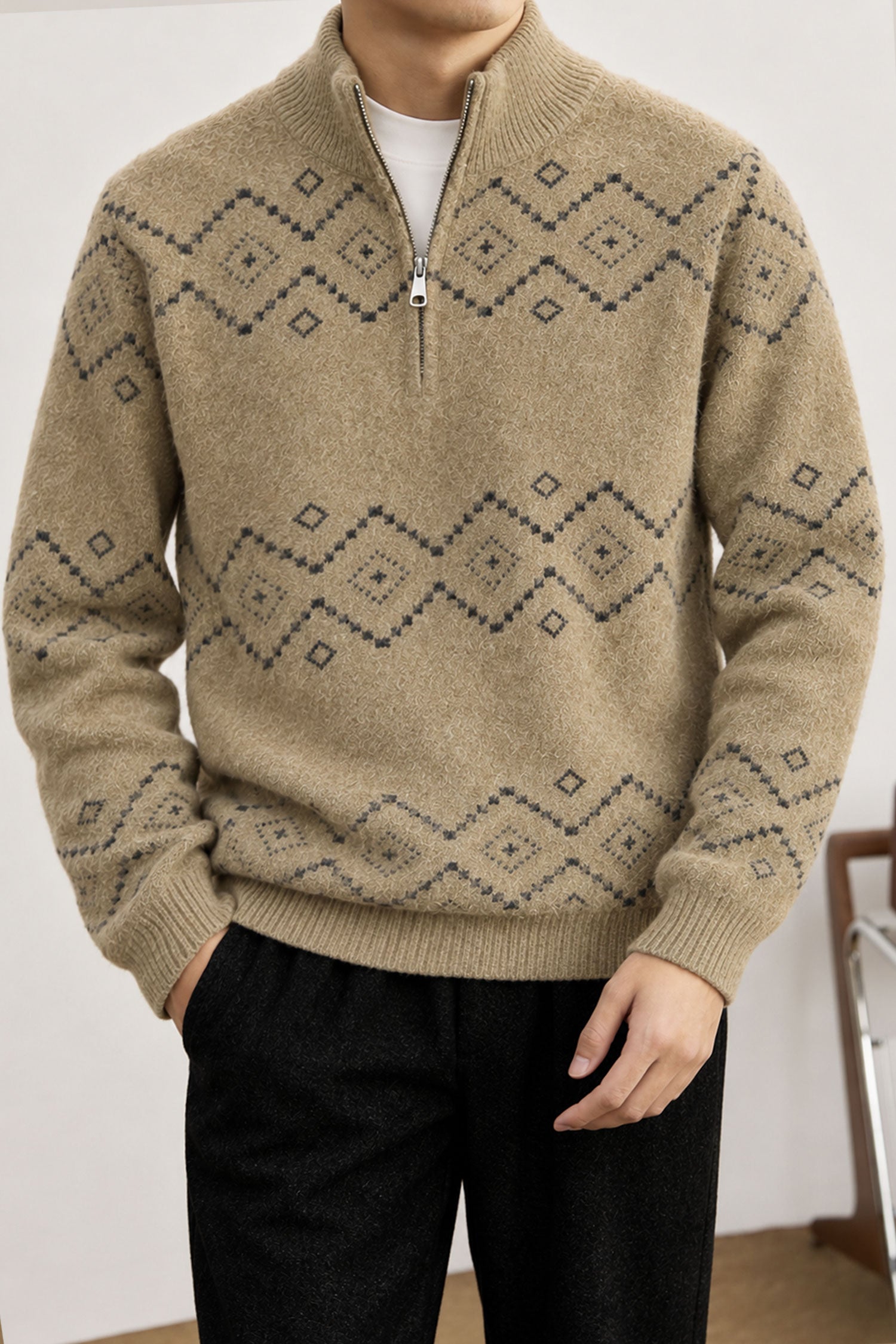 Men's Geometric Pattern Half-Zip Knit Imported Rabbit Wool Men's Sweater In Brown