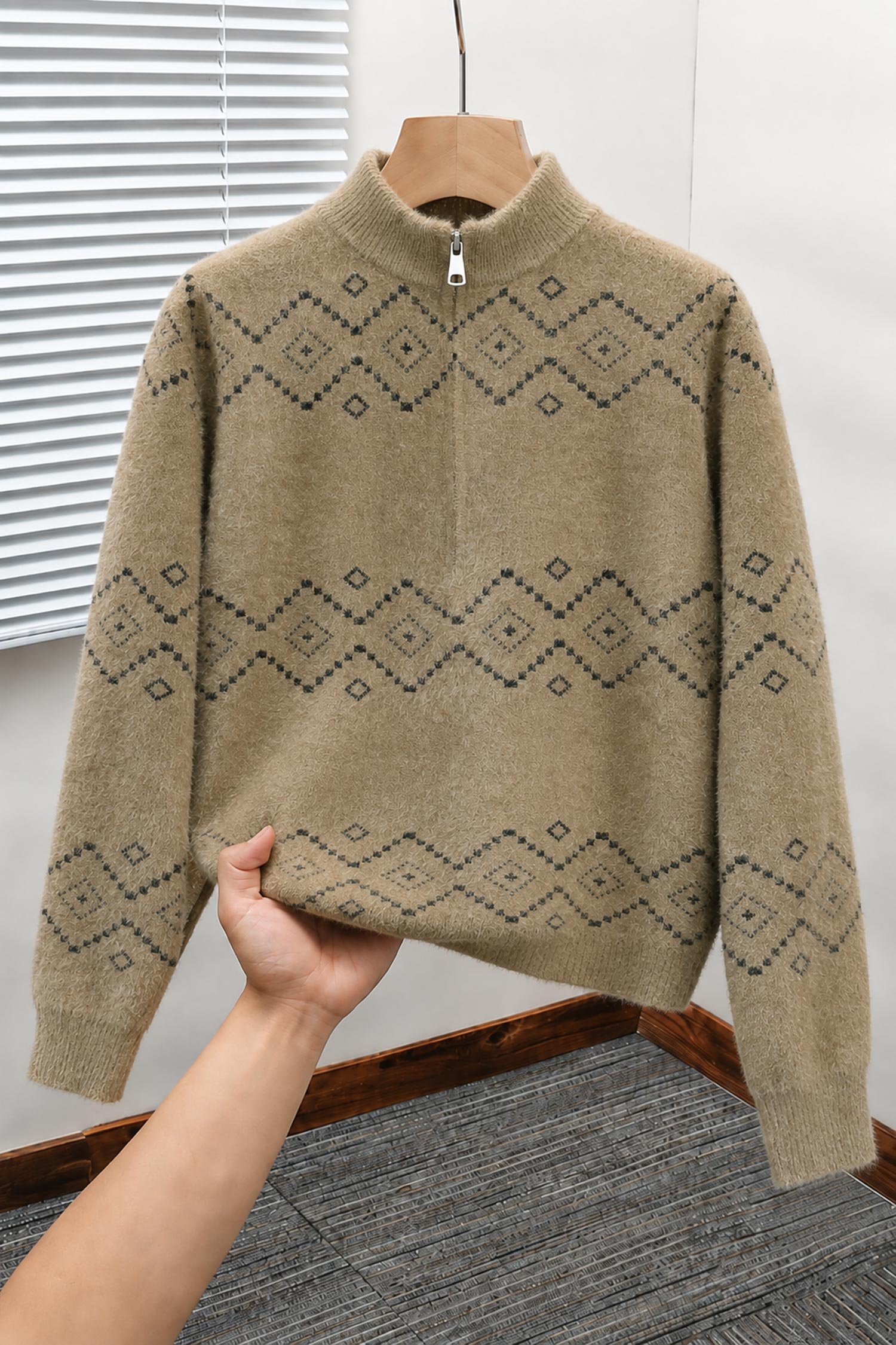 Men's Geometric Pattern Half-Zip Knit Imported Rabbit Wool Men's Sweater In Brown