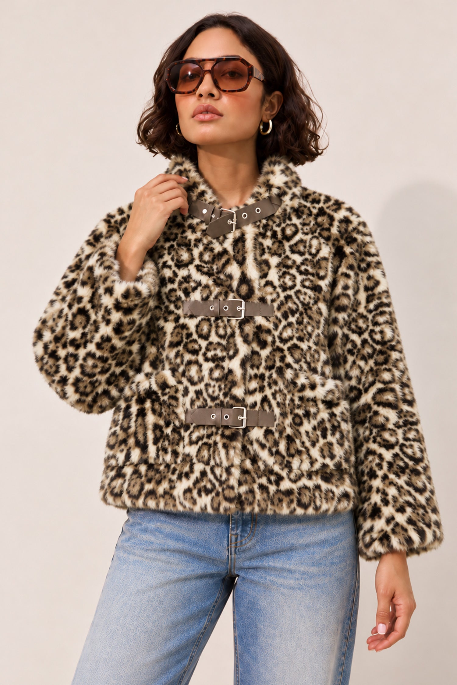 Women Leopard-Print Buckled Imported Fur Jacket