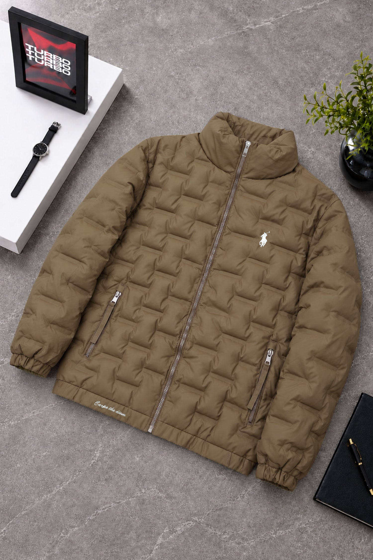 Polo Brick-Quilted Pattern Imported Puffer Jacket In Brown