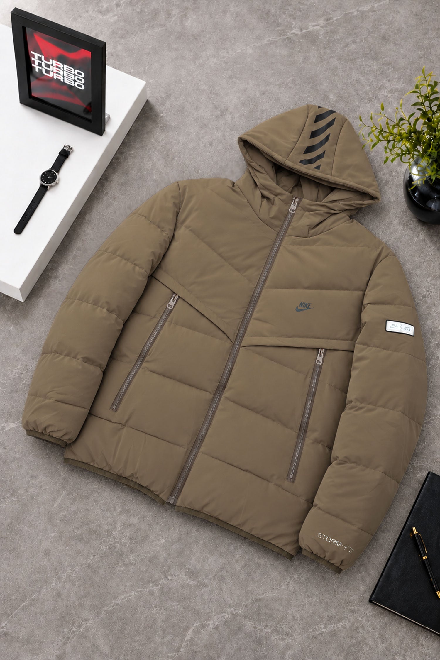 Nke Storm-Fit Windrunner Hooded Imported Puffer Jacket In Brown