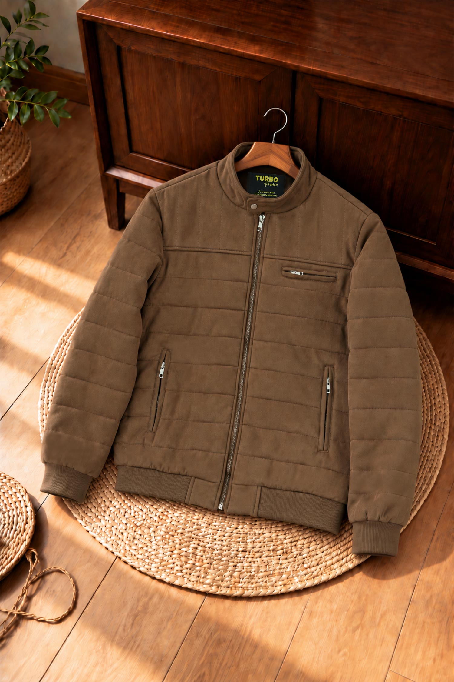 Turbo Quilted Bomber-Effect Imported Men's Suede Jacket In Brown