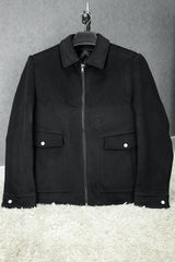 Button Pockets Design Imported Men's Woolen Jacket In Black