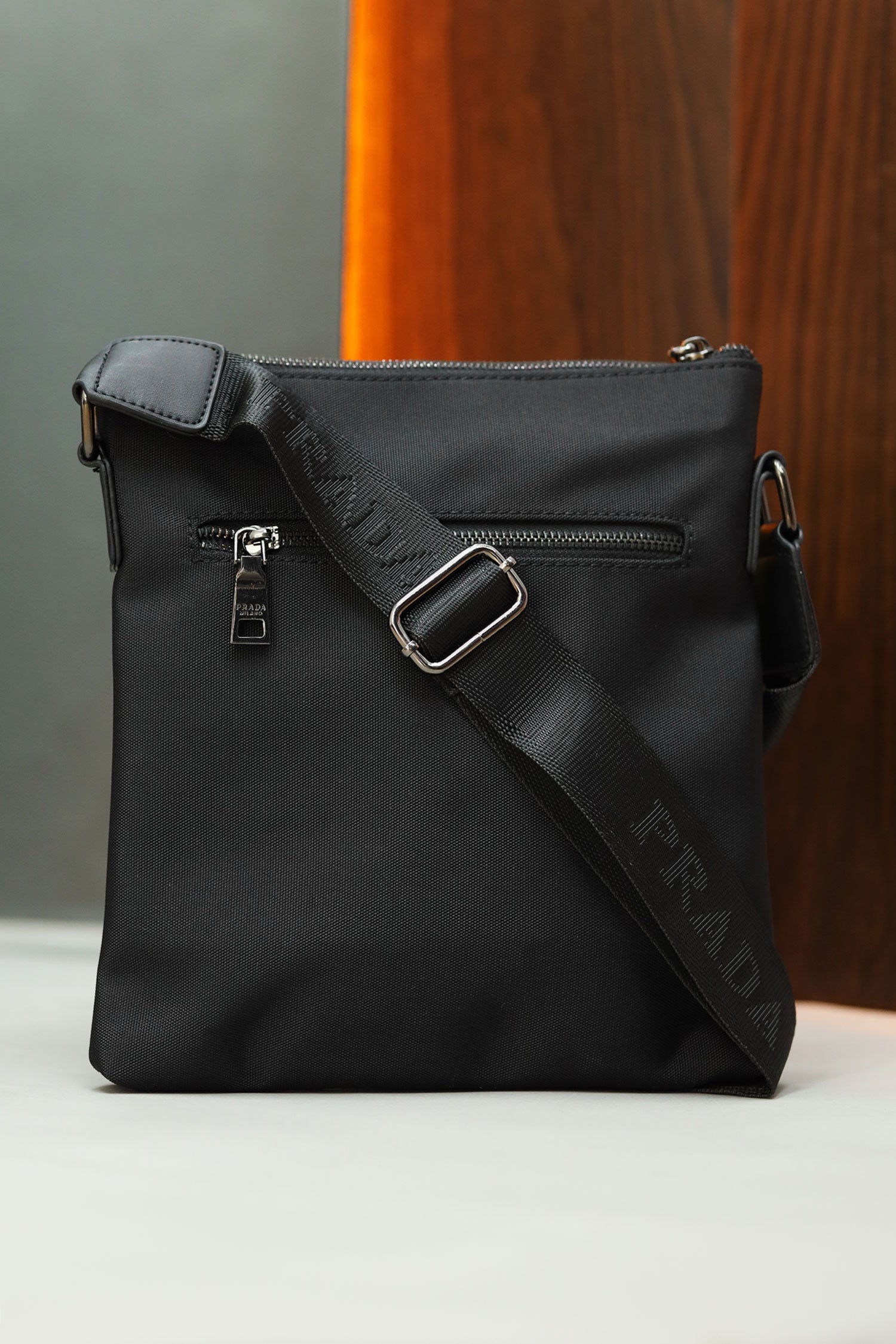 Prda Self Print PU Leather Cross Body Bag in Black