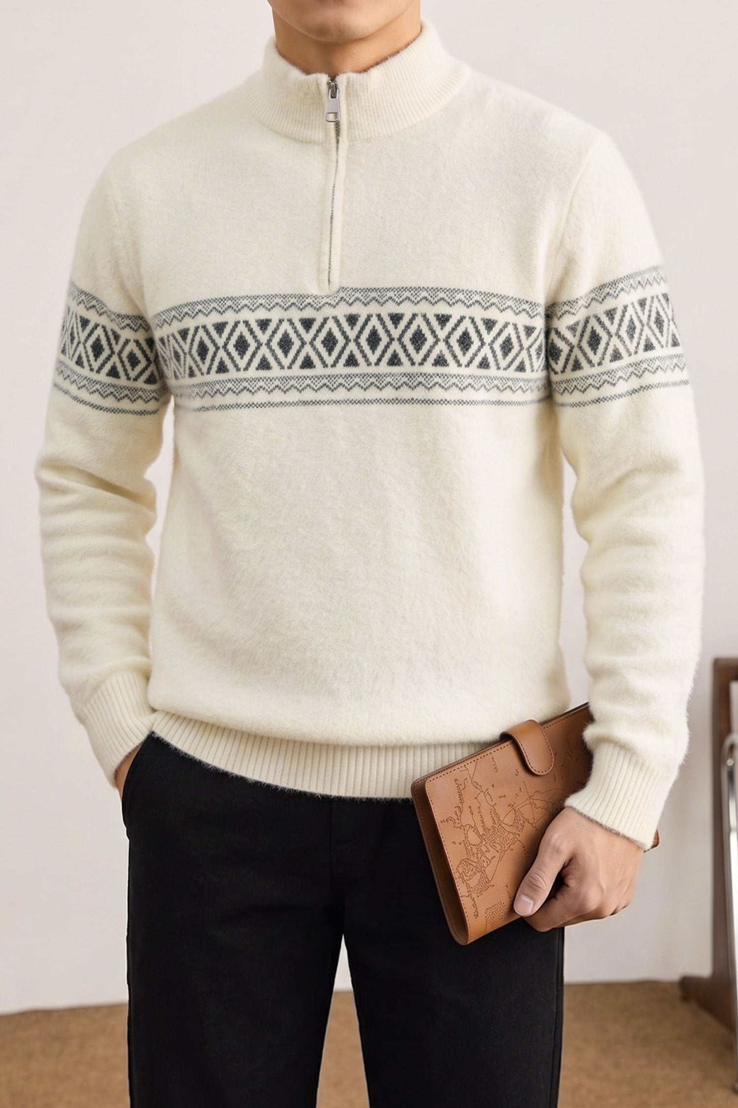 Men's Chunky Half Zipper Knit Imported Rabbit Wool Men's Sweater In Cream