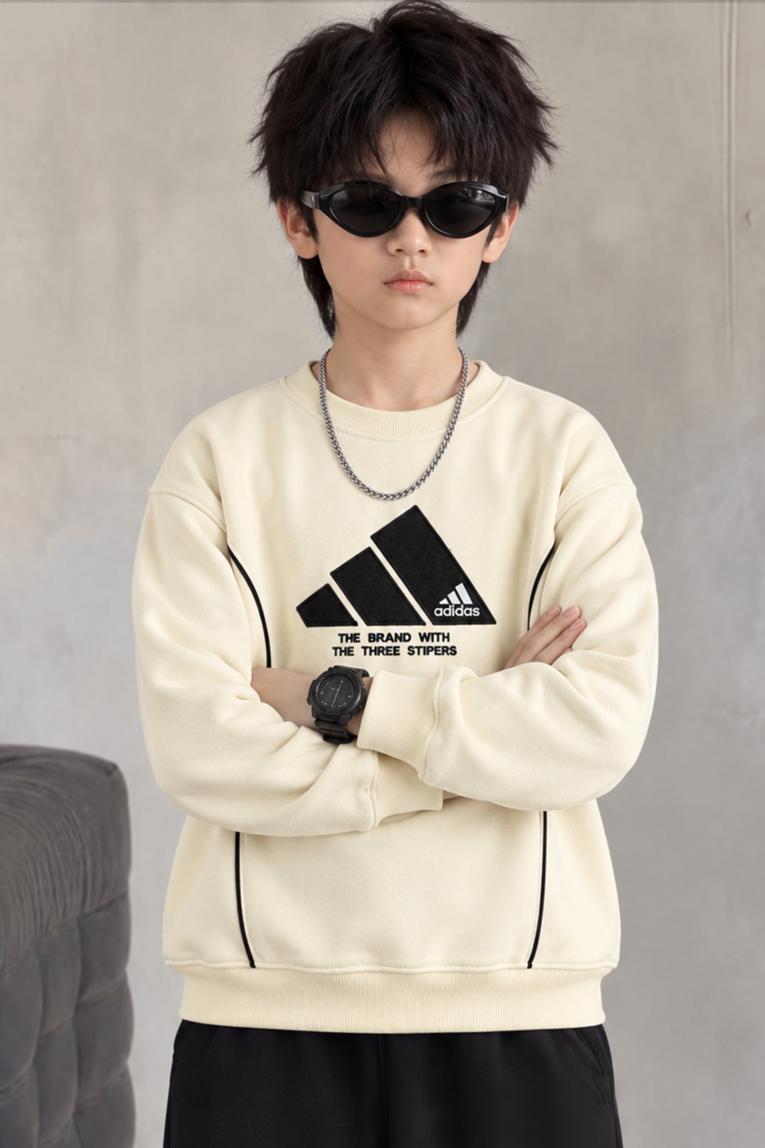 Adds Signature Round Neck Kid's Sweatshirt In Cream