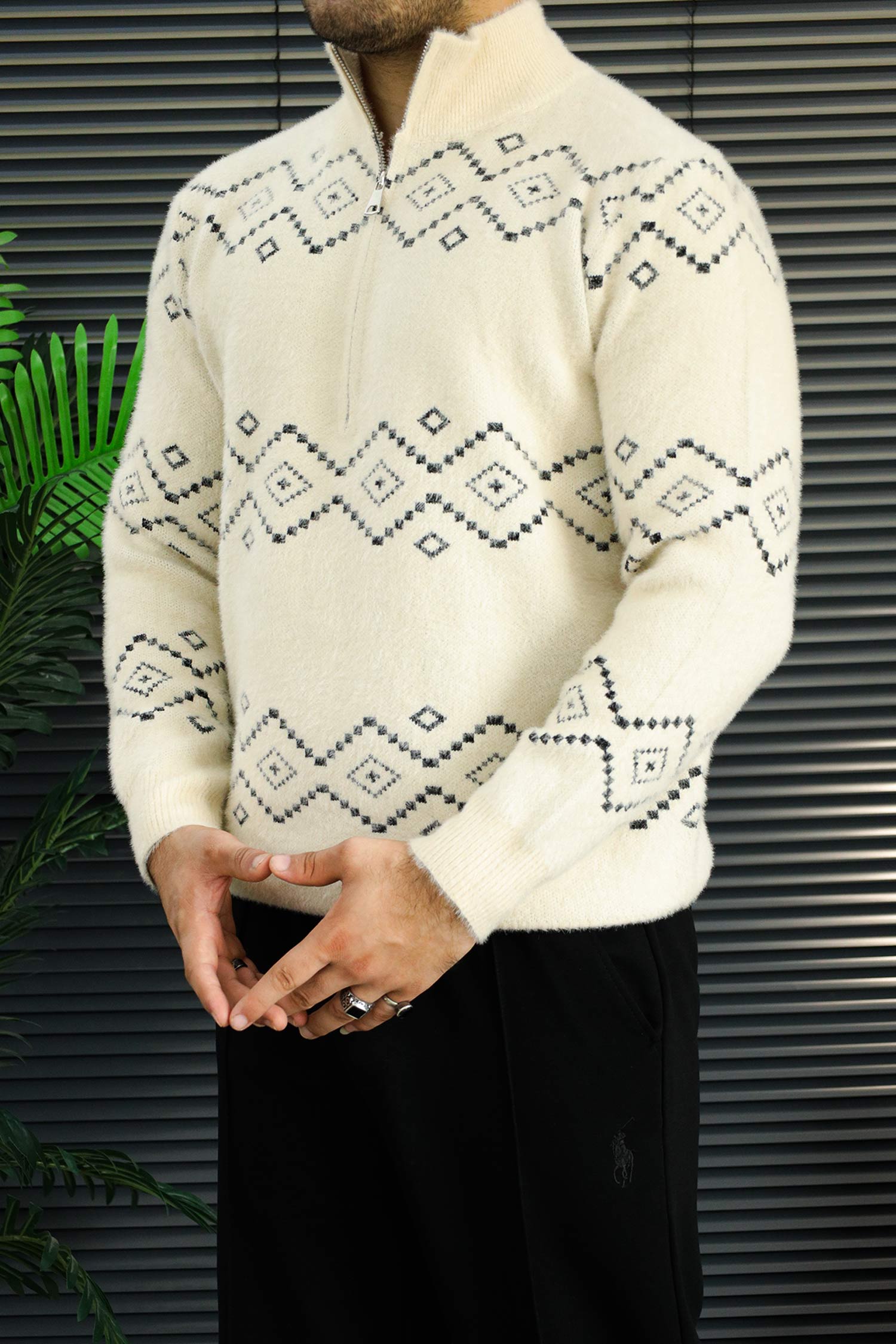 Men's Geometric Pattern Half-Zip Knit Imported Rabbit Wool Men's Sweater In Cream