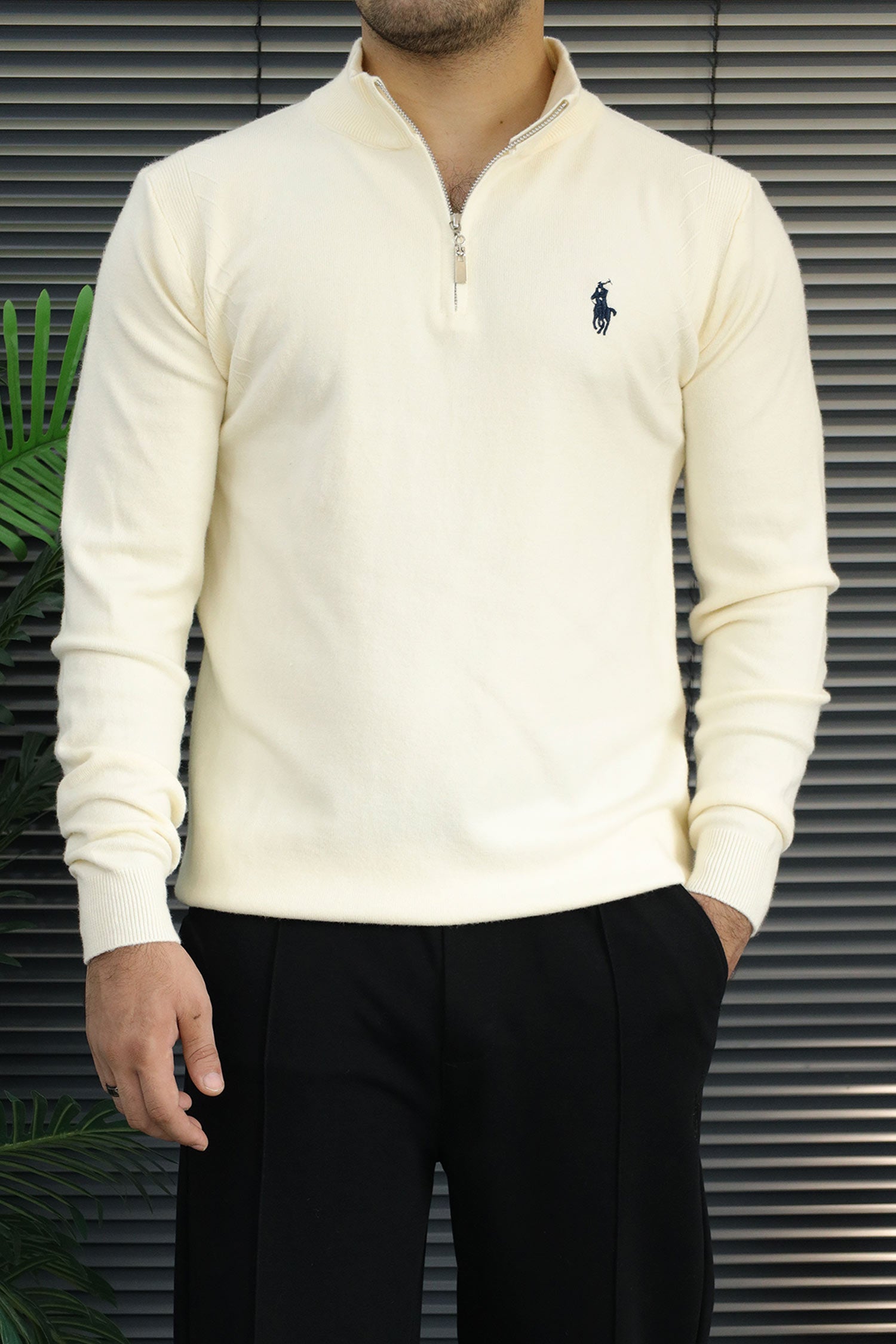 Polo Mock Neck Pullover Half-Knit Zip Imported Men's Jumper Sweater In Cream