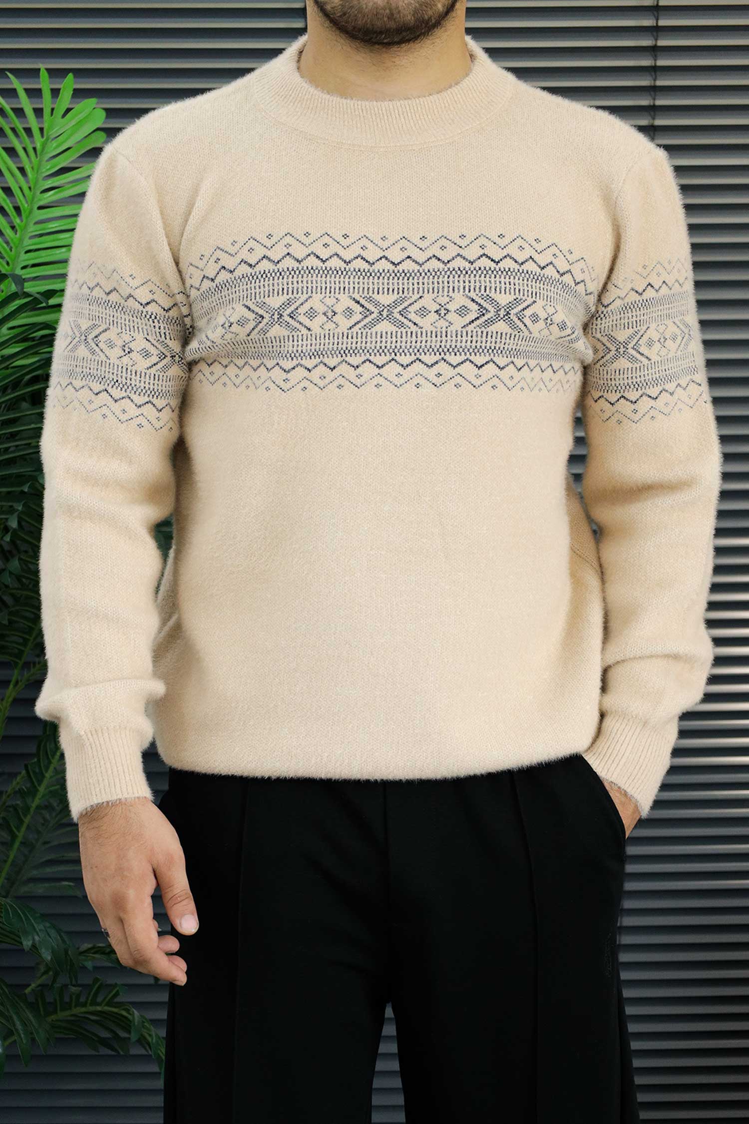 Nordic Pullover Pattern Imported Round Neck Rabbit Wool Men's Sweater In Cream