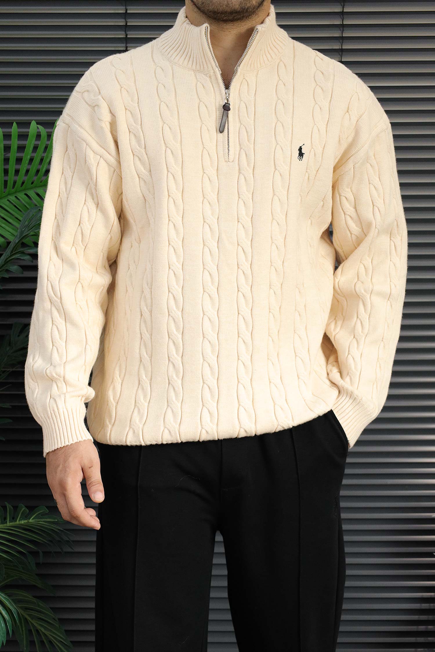 Polo Pony Half-Zip Cable Knit Texture Imported Men's Jumper Sweater In Cream
