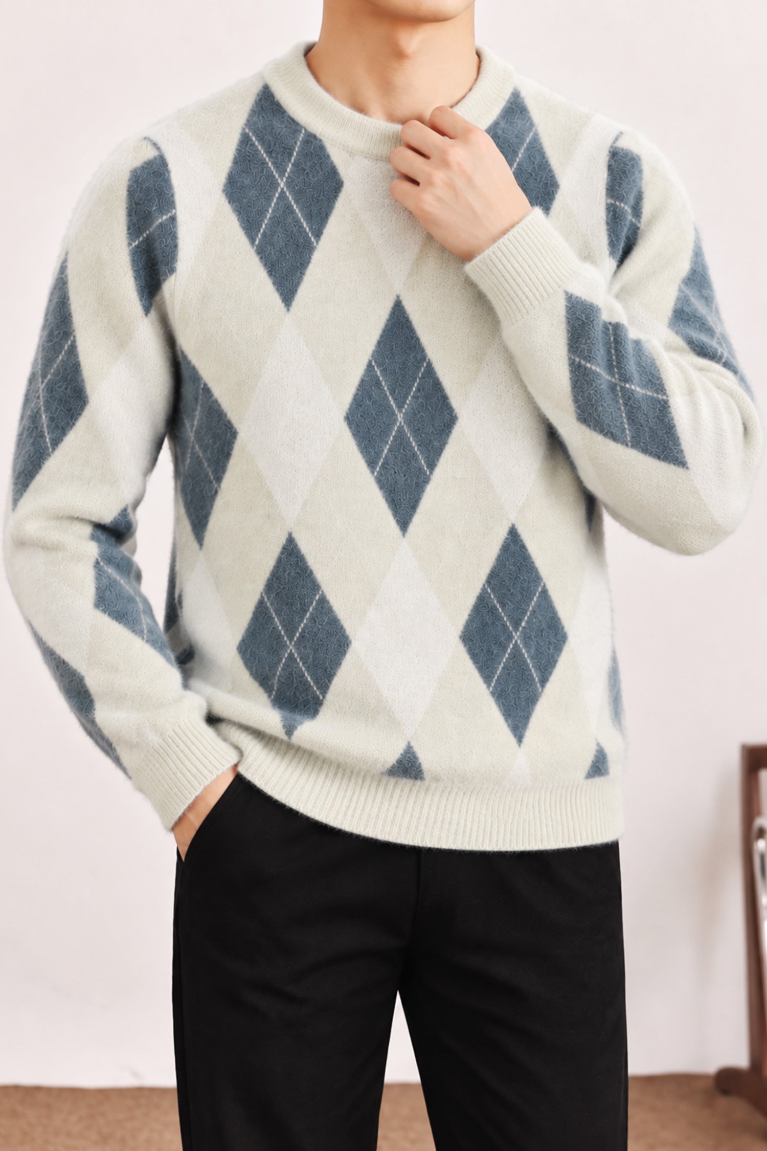 Vintage Argyle Pullover Imported Round Neck Rabbit Wool Men's Sweater In Cream