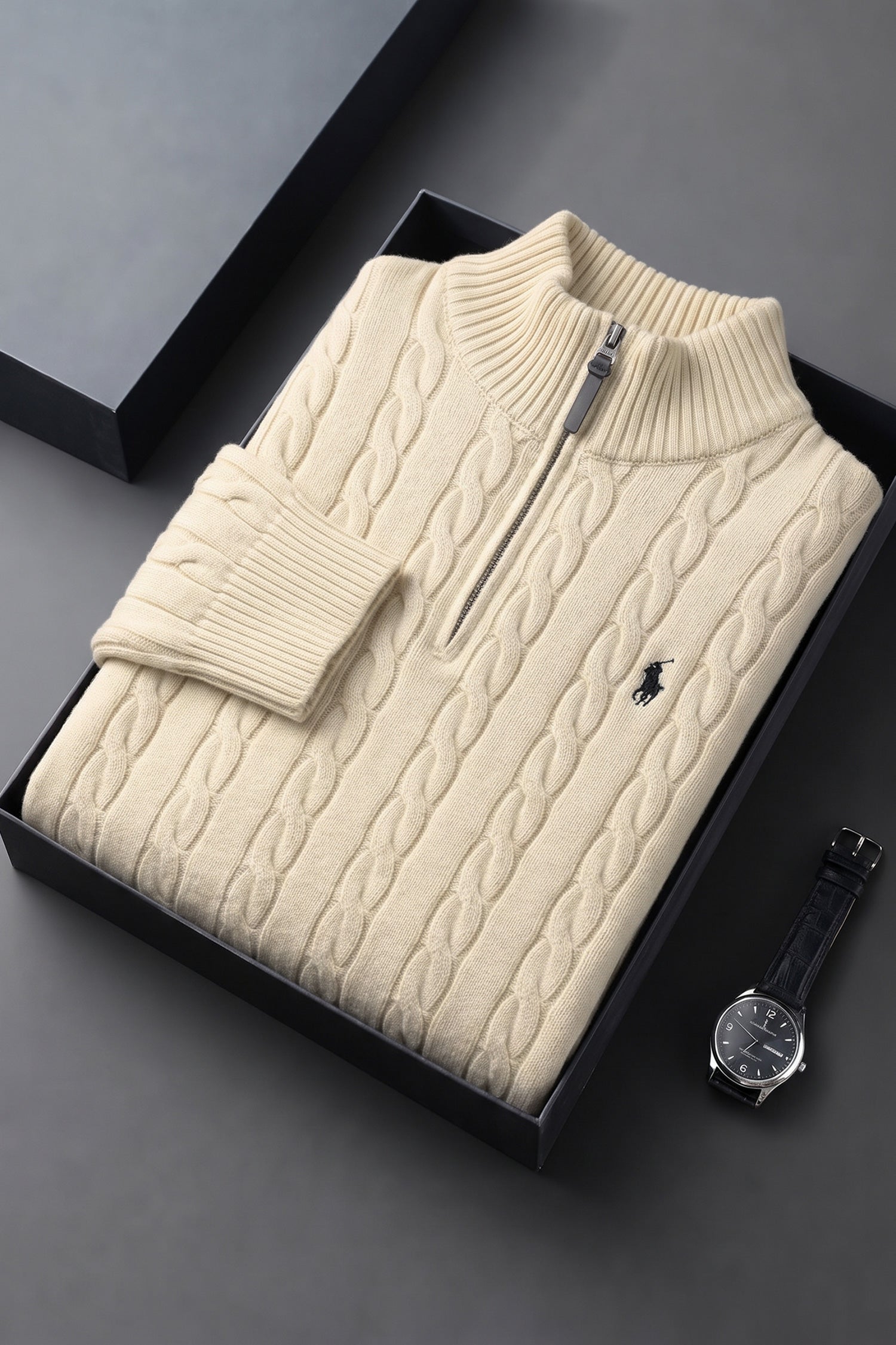 Polo Pony Half-Zip Cable Knit Texture Imported Men's Jumper Sweater In Cream