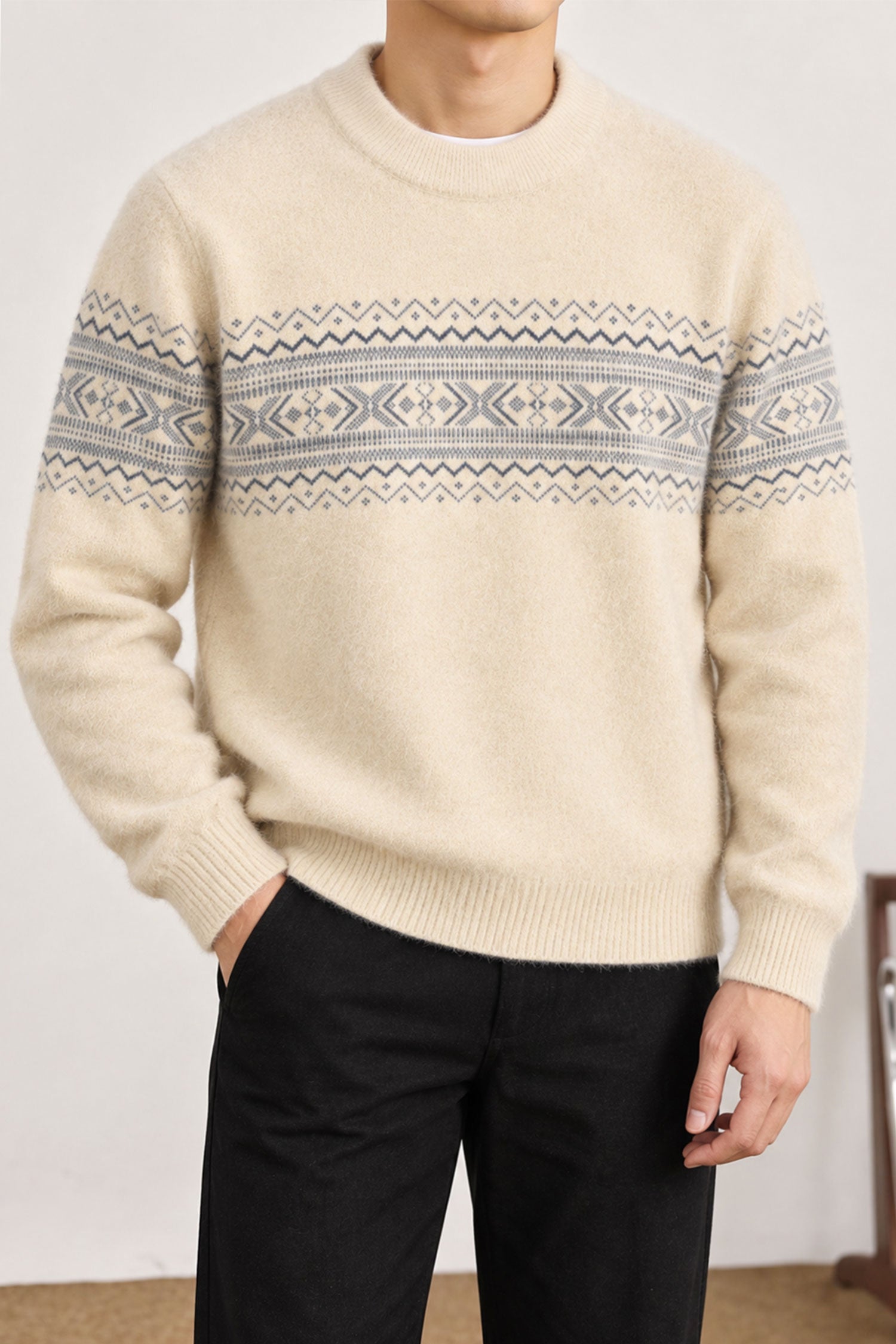 Nordic Pullover Pattern Imported Round Neck Rabbit Wool Men's Sweater In Cream