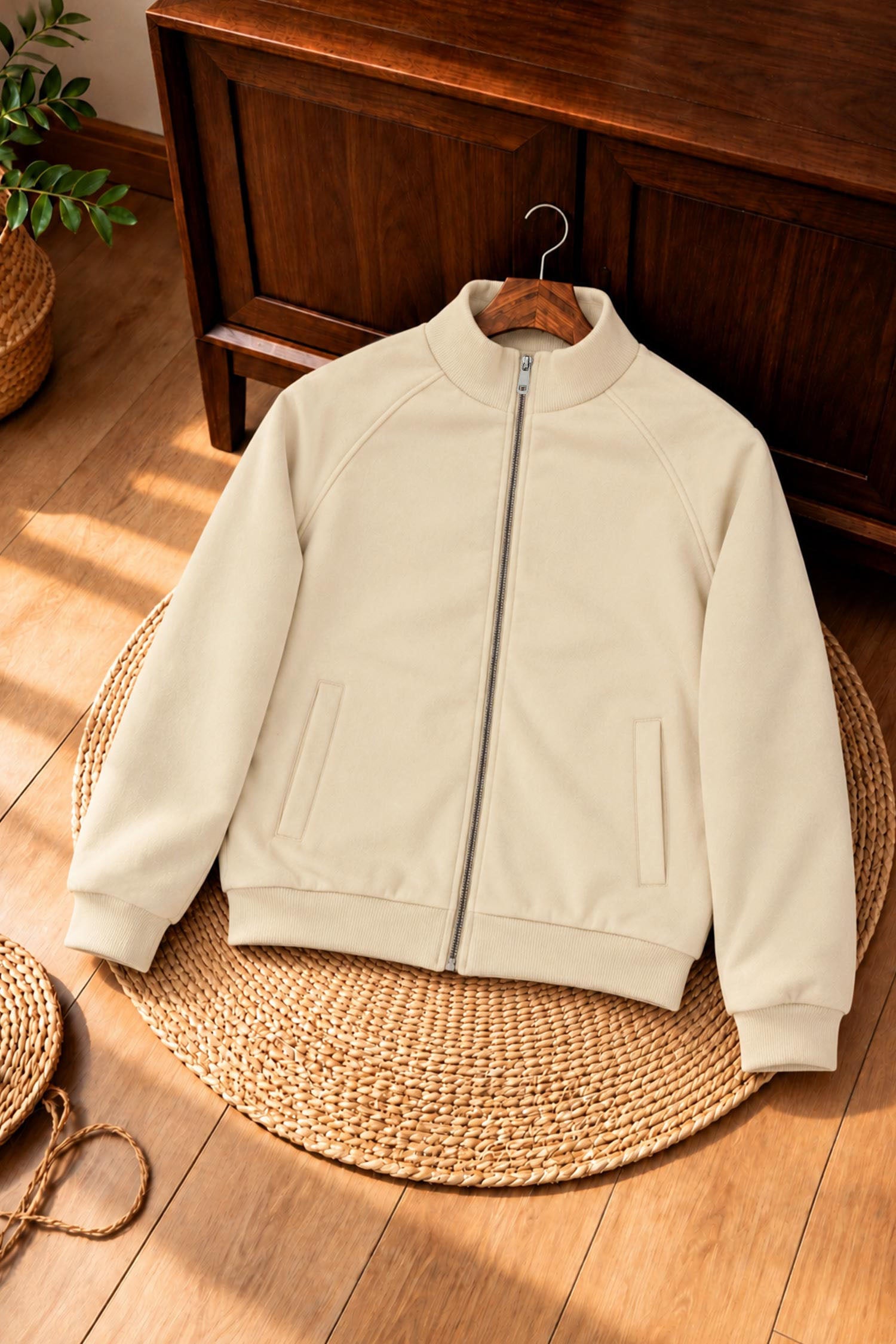 Turbo Zip-Through Mock Neck Imported Men's Suede Jacket In Cream