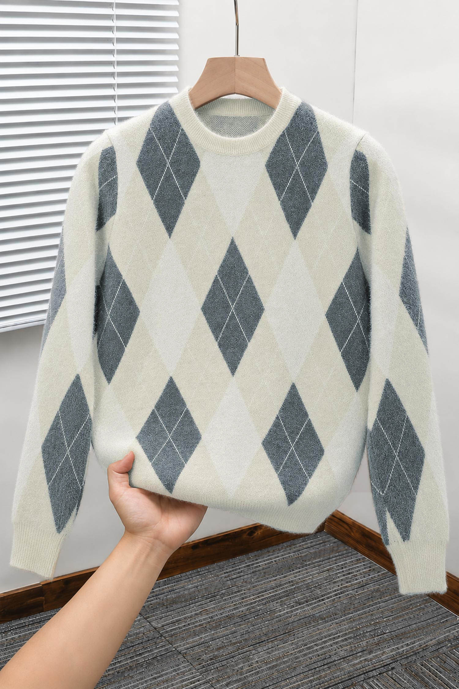 Vintage Argyle Pullover Imported Round Neck Rabbit Wool Men's Sweater In Cream